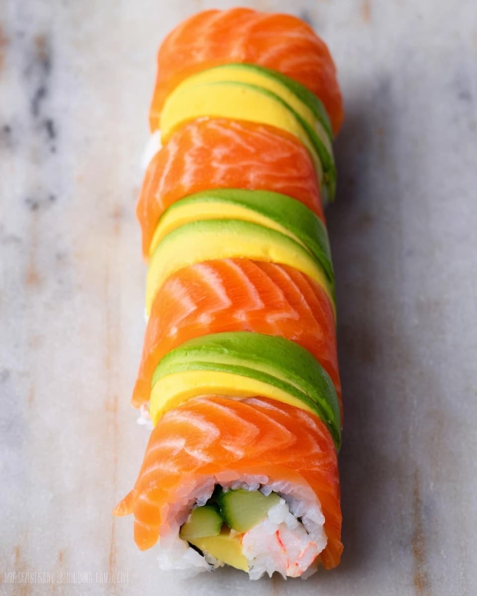 This image shows a sushi roll with seven visible slices arranged in a straight line on a white marbled surface. Each slice has four layers: the outside is a bright orange layer of salmon with visible smooth lines, under it is a white rice layer with a soft texture, followed by thin pale pink crab meat, and at the center there are fresh green and yellow slices of avocado and cucumber. The sushi is tightly rolled with sharp edges, and the colors alternate between orange, white, green, and yellow as you look down the line. Photo taken with an iphone --ar 4:5 --v 7