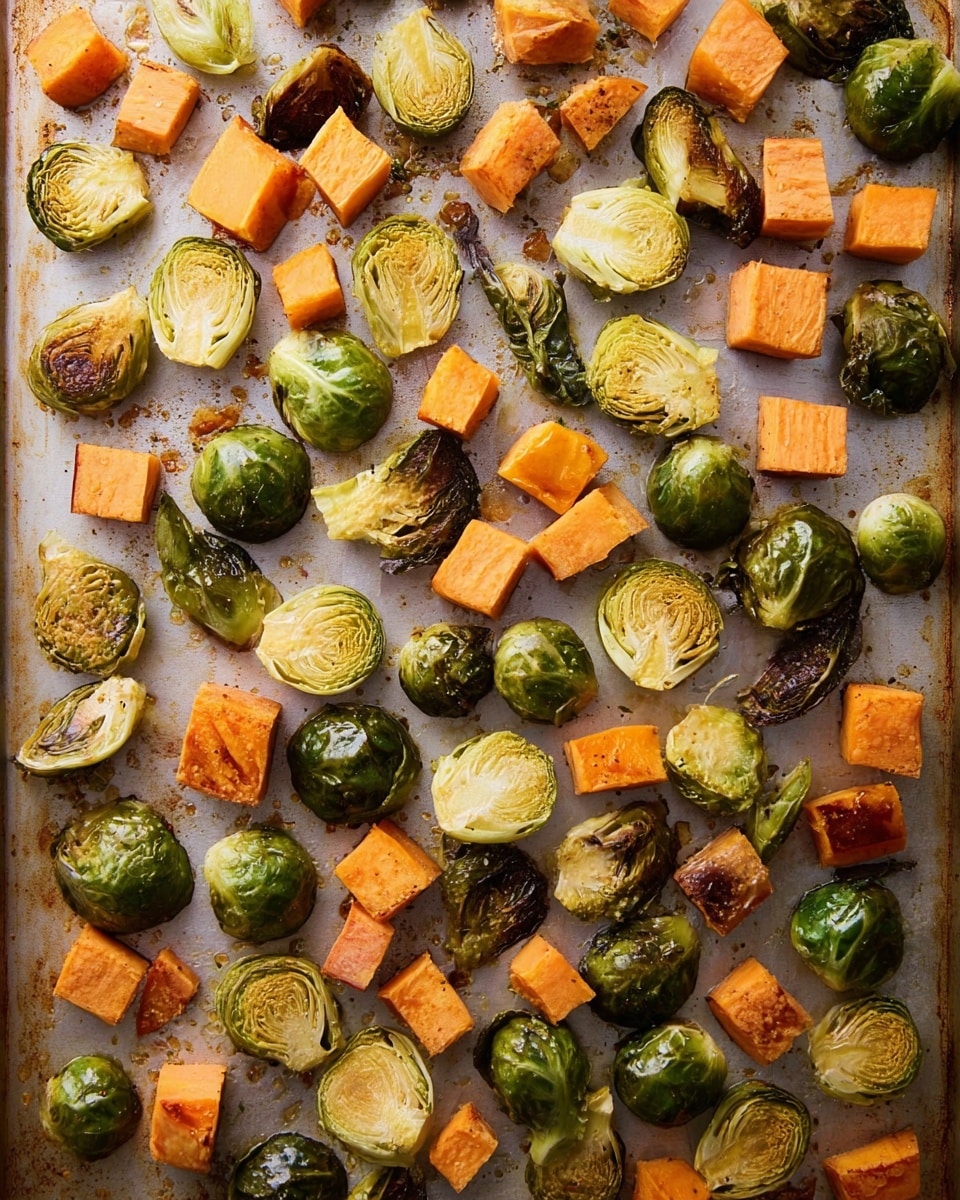 The image shows a baking tray covered with roasted Brussels sprouts and sweet potato cubes. The Brussels sprouts are halved, showing green layers with some parts browned and crispy. The sweet potato pieces are bright orange with a roasted texture and slightly darker edges. The vegetables are spread out evenly on a baking sheet with a light, slightly browned surface beneath them. photo taken with an iphone --ar 4:5 --v 7