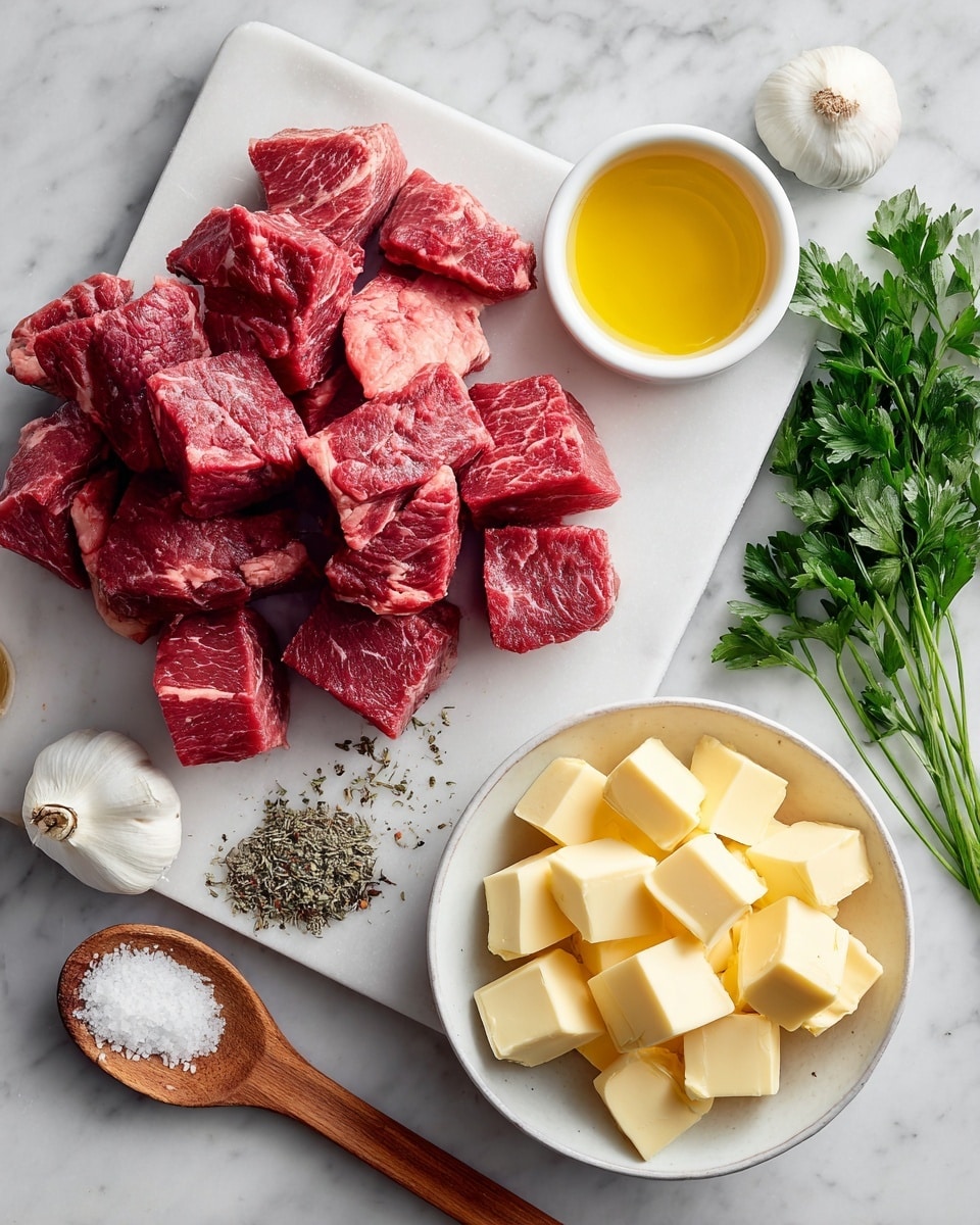 The image shows three layers of raw steak pieces placed on a white cutting board on the left side. To the right, there is a small white bowl filled with chunks of pale butter, a whole white garlic bulb with a few garlic cloves beside it, and a small white plate with golden olive oil. Nearby, a wooden spoon holds a mix of salt, black pepper, and dried thyme herbs. At the top right corner, some fresh green parsley leaves are partly visible. Everything rests on a white marbled surface, photo taken with an iphone --ar 4:5 --v 7