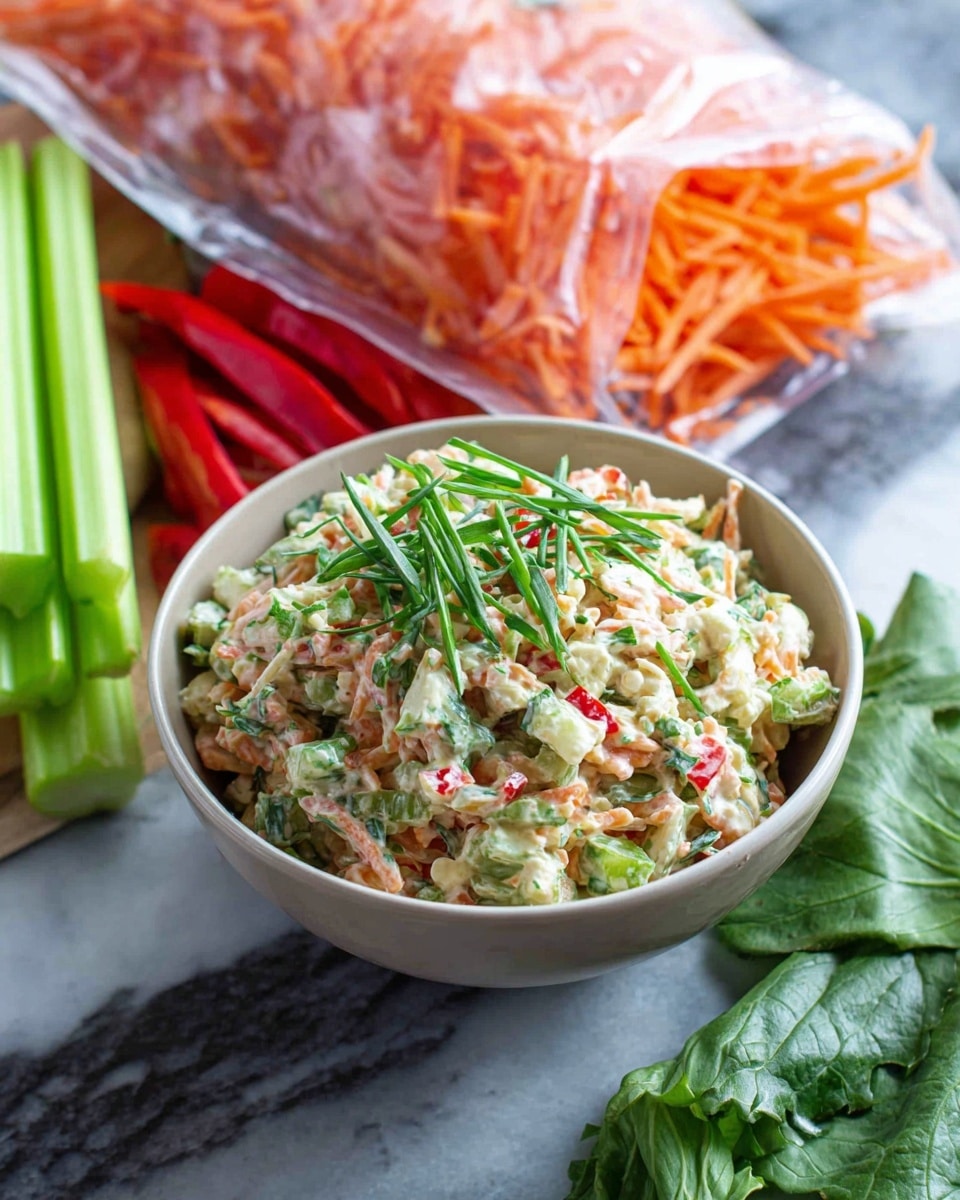 A white bowl filled with a creamy mixed salad showing small pieces of light orange shredded carrots, pale green celery, bits of red pepper, and green herbs throughout. The salad is topped with thin strips of dark green herbs and small chopped green onions. Behind the bowl, there are bright green celery stalks, a clear bag of shredded orange carrots, and some red peppers on a white marbled surface. Some dark green leafy vegetables are scattered around the bowl. Photo taken with an iphone --ar 4:5 --v 7