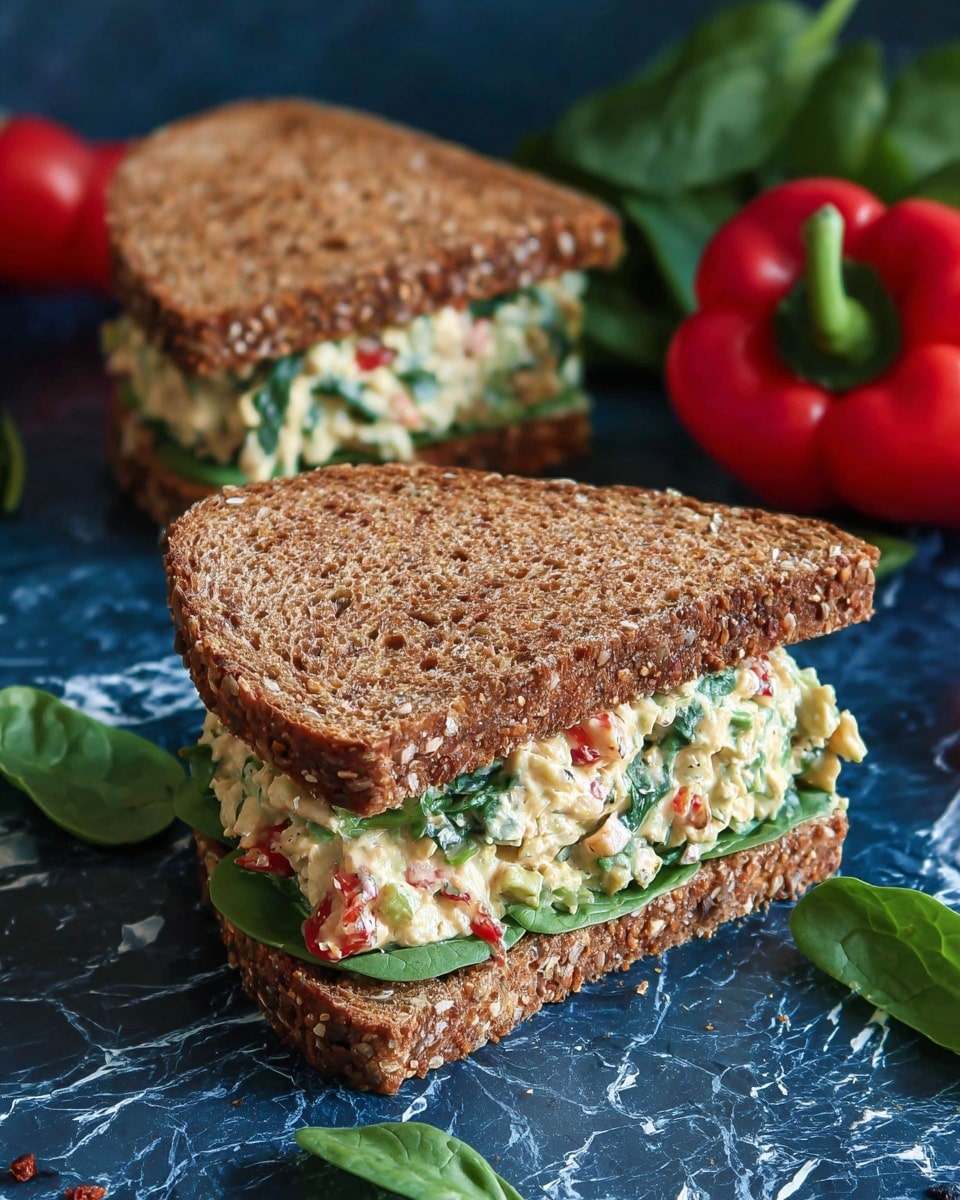 Two sandwiches are shown on a dark blue surface with a white marbled texture. Each sandwich has three layers: the top and bottom layers are brown toasted whole grain bread with visible seeds and a rough texture. The middle layer is a creamy mix with visible pieces of green spinach leaves and small red bell pepper bits, adding color and texture contrast. Around the sandwiches, there are whole red bell peppers and some green leafy vegetables scattered on the surface, adding a fresh feel to the image. photo taken with an iphone --ar 4:5 --v 7