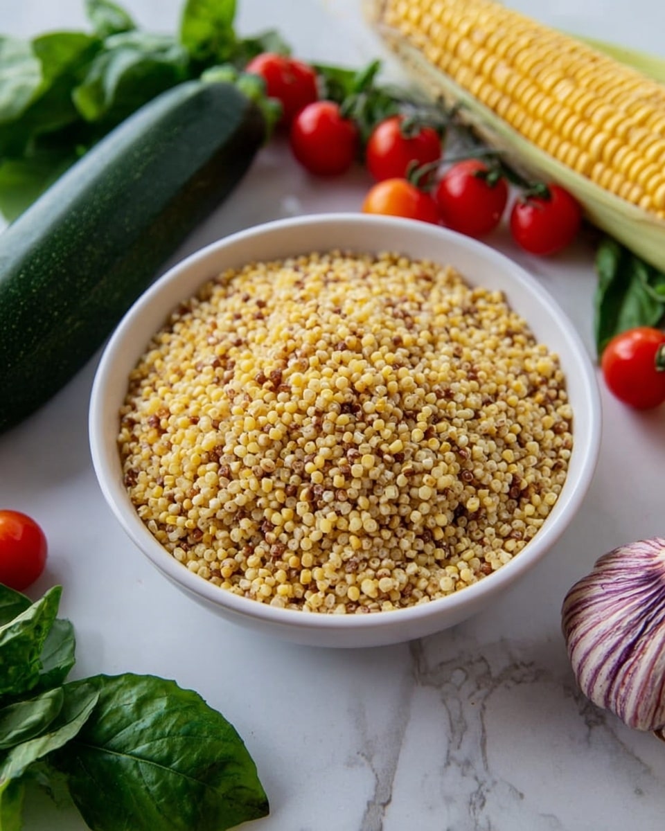 A white bowl filled with small round grains that are light yellow and brown in color, giving a textured look. The bowl sits on a white marbled surface. Around the bowl, there is a fresh dark green zucchini on the left, a bunch of small red and green cherry tomatoes with green leaves behind the bowl, a light yellow corn cob on the right, and a garlic bulb with purple streaks in its skin also to the right. The composition is bright and fresh, with natural vegetables adding color and contrast. photo taken with an iphone --ar 4:5 --v 7