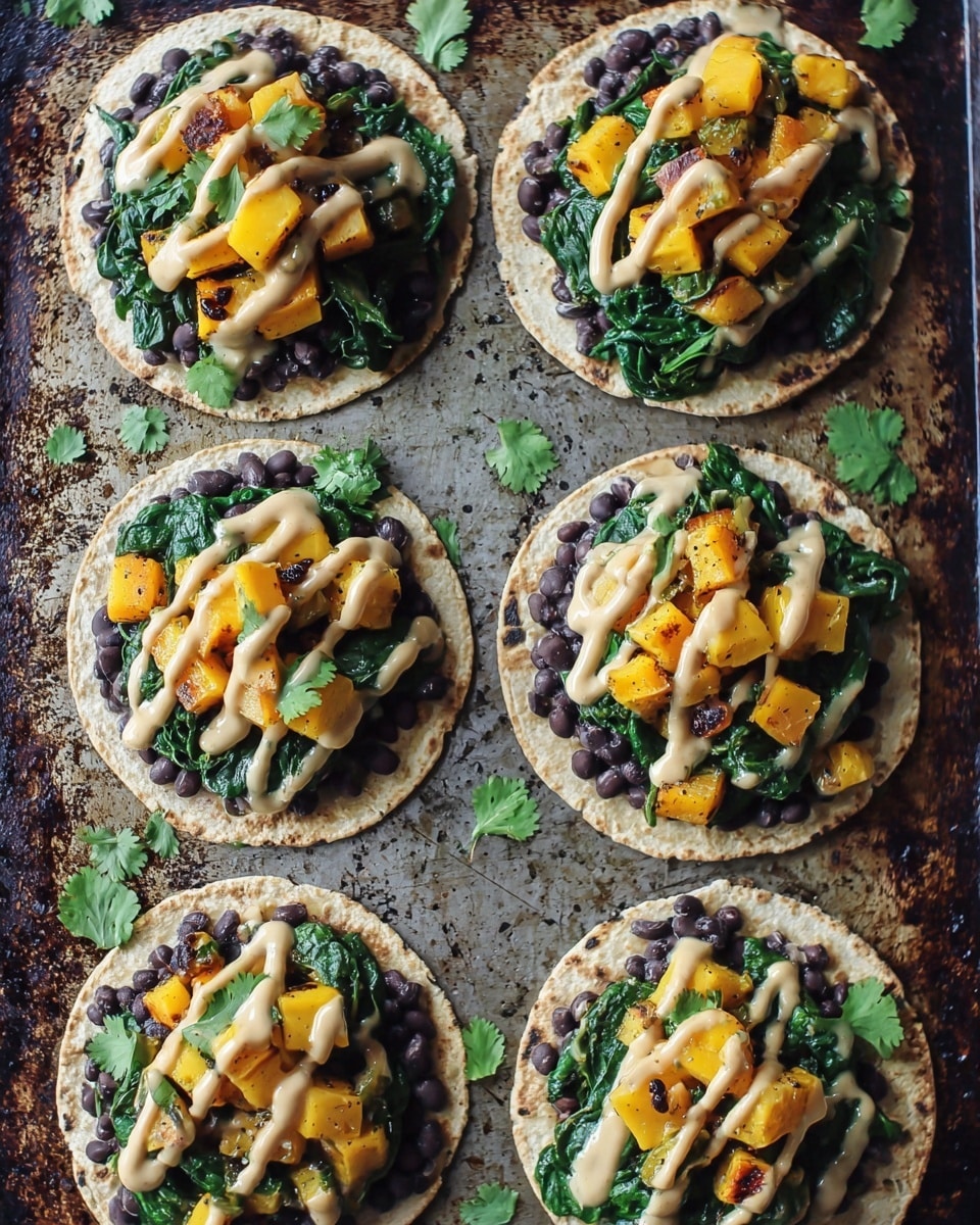 The image shows several small round flatbreads on a dark baking tray with a rough texture. Each flatbread has three main layers: the base pale yellow crust, a layer of dark black beans scattered evenly, and a layer of bright green cooked spinach placed mostly in the center. On top of the spinach, there are several golden yellow roasted squash cubes, some pieces showing slight char marks. The entire top is drizzled with light tan creamy sauce in thin lines, adding texture contrast. The background has been adjusted to white marbled texture. Photo taken with an iphone --ar 4:5 --v 7