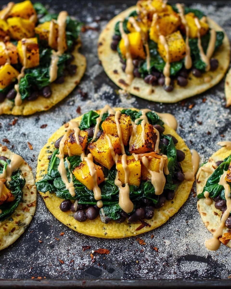 Five small round tortillas are laid out on a dark, worn baking sheet with some scattered cilantro leaves and roasted yellow squash pieces around. Each tortilla has a first layer of black beans spread evenly, followed by a layer of wilted dark green spinach. On top of the spinach, there are chunks of bright yellow roasted squash placed in the center. The whole stack is drizzled with a creamy beige sauce in thin, uneven lines. The image is a close-up, showing texture on each layer and the slightly charred edges of the squash. photo taken with an iphone --ar 4:5 --v 7