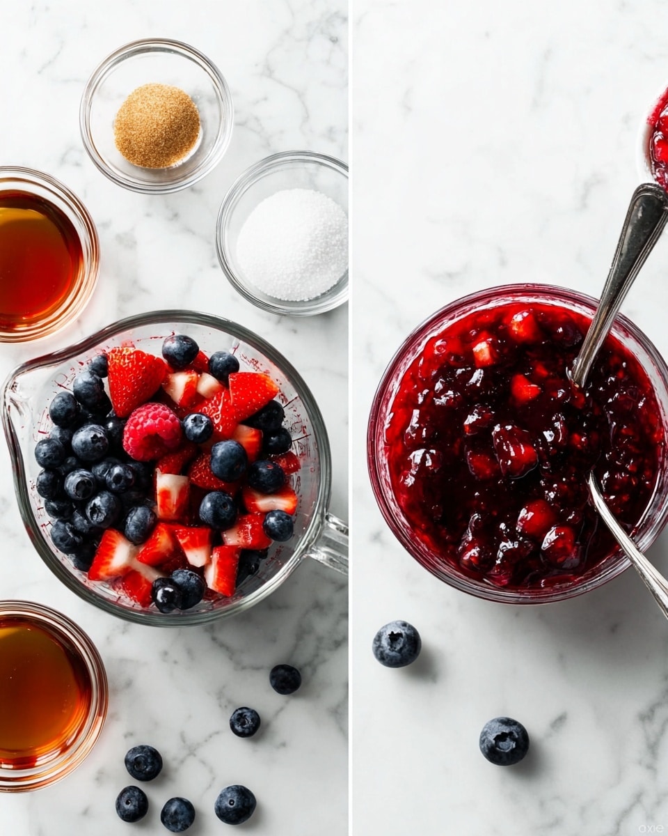 The image shows two sections side by side on a white marbled surface. On the left side, there is a clear glass measuring cup filled with fresh berries including blueberries, raspberries, and chopped strawberries, surrounded by small glass bowls containing dark amber liquid, white granulated item, and brown sugar, with a few loose blueberries scattered nearby. On the right side, there is a small clear glass bowl filled with a thick, shiny red berry sauce mixed with visible chunks of berries, and a metal spoon resting inside the bowl. photo taken with an iphone --ar 4:5 --v 7