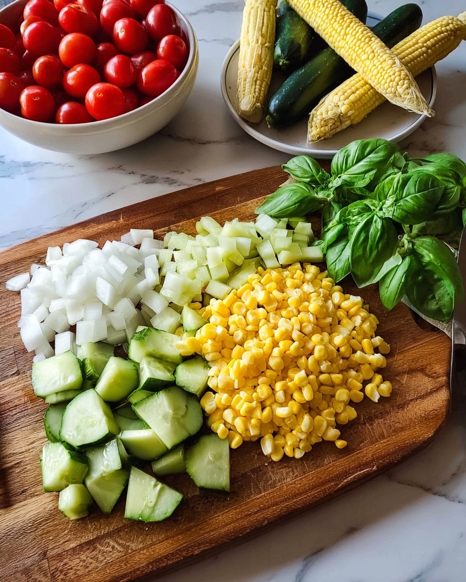 The image shows a wooden cutting board with layers of fresh vegetables arranged closely together from left to right: chopped white onion with small square pieces, sliced cucumber with green edges and light green inside in half-moon shapes, and bright yellow corn kernels with some pieces still attached to small cob sections. On the far right of the board, there is a bunch of fresh green basil leaves with a smooth shiny texture. Behind the cutting board, there is a white marbled surface with a white bowl holding several red cherry tomatoes with green stems. To the back right, a white plate holds two corn cobs on wooden sticks and a dark green cucumber, placed on the white marbled surface. photo taken with an iphone --ar 4:5 --v 7