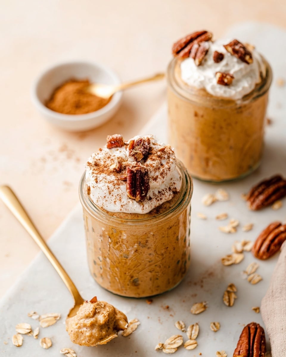 Two clear glass jars with a creamy light brown mixture fill most of the jars, topped with a white fluffy layer that looks like whipped cream. On top of the whipped cream, there are small pieces of dark brown pecans and a light dusting of cinnamon powder. One jar has a gold spoon dipped into it, showing the creamy texture inside. Around the jars, some pecan pieces and oats are scattered on a white marbled surface. In the background, there is a small white bowl filled with a light brown powder, likely cinnamon, and a small gold spoon. The overall scene has a soft, warm light. photo taken with an iphone --ar 4:5 --v 7