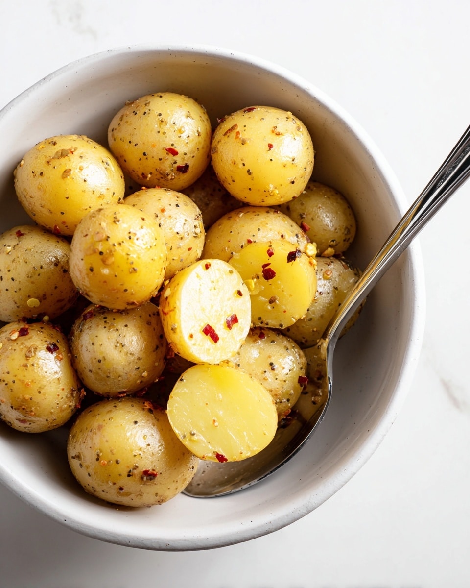 A white bowl filled with small boiled potatoes, about two layers deep, seasoned with black pepper and red chili flakes, giving a speckled look on the smooth yellowish skin. Some potatoes are whole, while a few are cut in half showing their soft and moist yellow inside. A silver fork and spoon rest inside the bowl, partially covered by the potatoes. The scene is set on a white marbled surface, with bright light highlighting the shine on the potatoes' slightly oily texture photo taken with an iphone --ar 4:5 --v 7