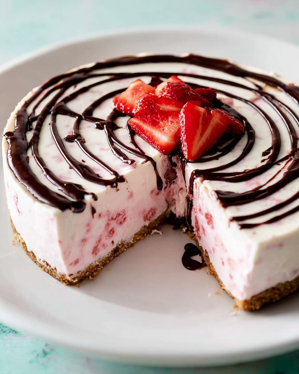 A round cheesecake with three visible layers sits on a white plate over a white marbled surface. The bottom layer is a light brown crumb crust, the middle layer is thick and pale pink with small pink fruit bits inside, and the top layer is a creamy white with a smooth texture. On top, dark chocolate sauce is drizzled in concentric circles from the center to the edges. In the center of the cheesecake, there is a small pile of red strawberry slices arranged neatly. A woman’s hand holds a slice that has been removed, showing the clean layered inside. Photo taken with an iphone --ar 4:5 --v 7