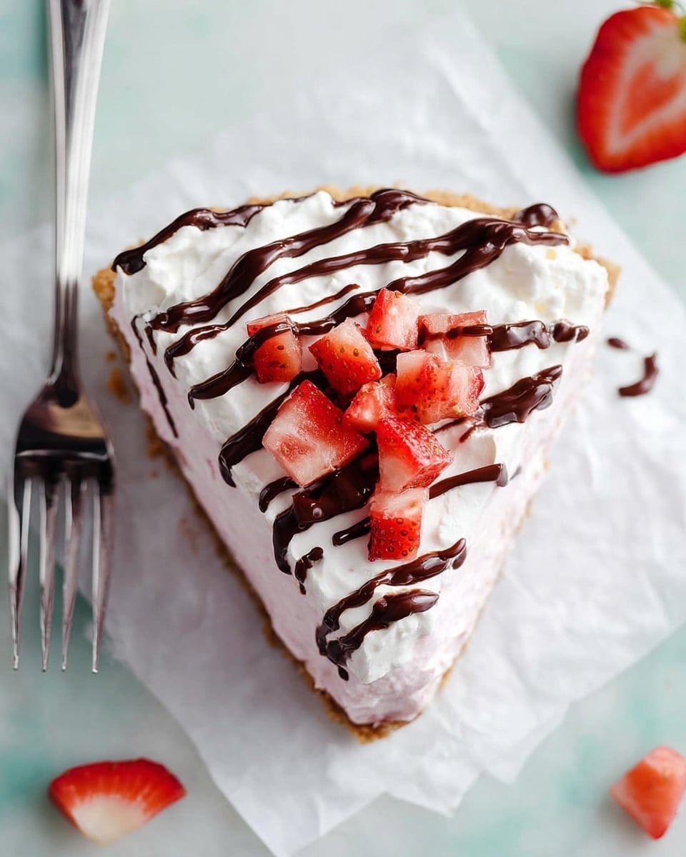 A single slice of pie is shown from above on a white paper with some strawberry pieces around it. The pie has three visible layers: a thin brown crust base, a light pink creamy middle layer, and a top layer of white whipped cream with rough, soft texture. The whipped cream is drizzled with dark brown chocolate sauce in thin lines, and a small pile of diced red strawberries sits in the center on top. The scene is set on a white marbled surface with a silver fork lying to the left of the slice. Photo taken with an iphone --ar 4:5 --v 7