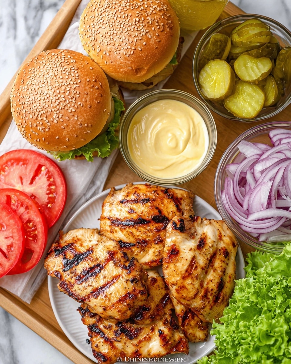The image shows a white plate full of four grilled chicken pieces with a golden brown color and slight char marks, placed in the front right corner. On the left side, there are three sesame seed buns with toasty grill marks on the inside. Above the buns, there is a small glass bowl filled with light yellow mayonnaise. To the right of the buns and mayo, there is another small glass bowl with several green pickle slices inside, some spilling out. Thin red onion rings are spread below the pickles, with bright green curly leaf lettuce on the far right. In the bottom left corner, there are bright red tomato slices. Everything is arranged neatly on a wooden board over a white marbled surface. photo taken with an iphone --ar 4:5 --v 7