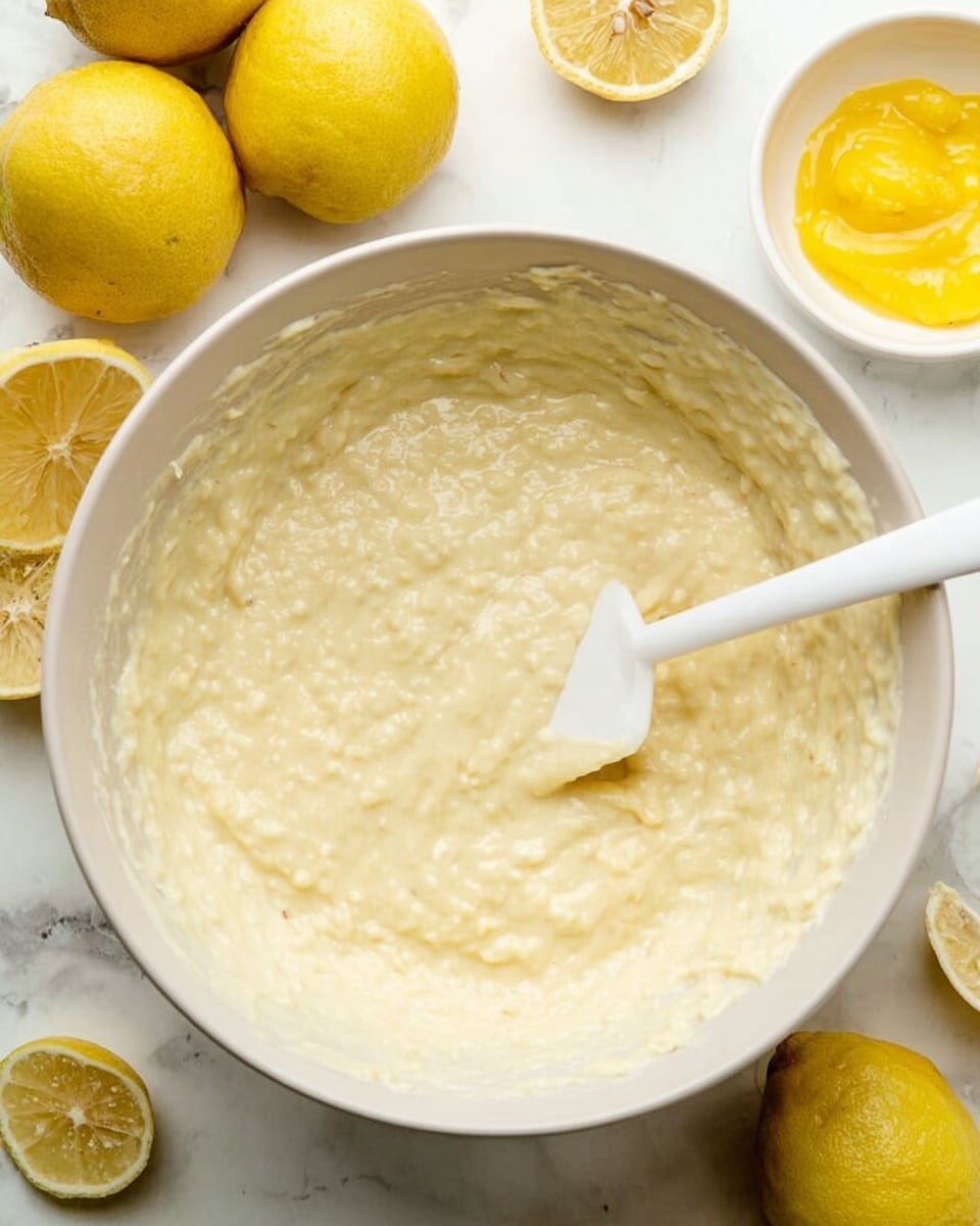 A close-up view of a large white bowl filled with thick, creamy, pale yellow batter that has a slightly lumpy texture. A white spatula is placed inside the bowl, blending the batter. Around the bowl, there are fresh whole lemons and lemon slices, as well as a smaller white bowl holding bright yellow lemon curd. The surface beneath everything has a smooth white marbled texture. photo taken with an iphone --ar 4:5 --v 7