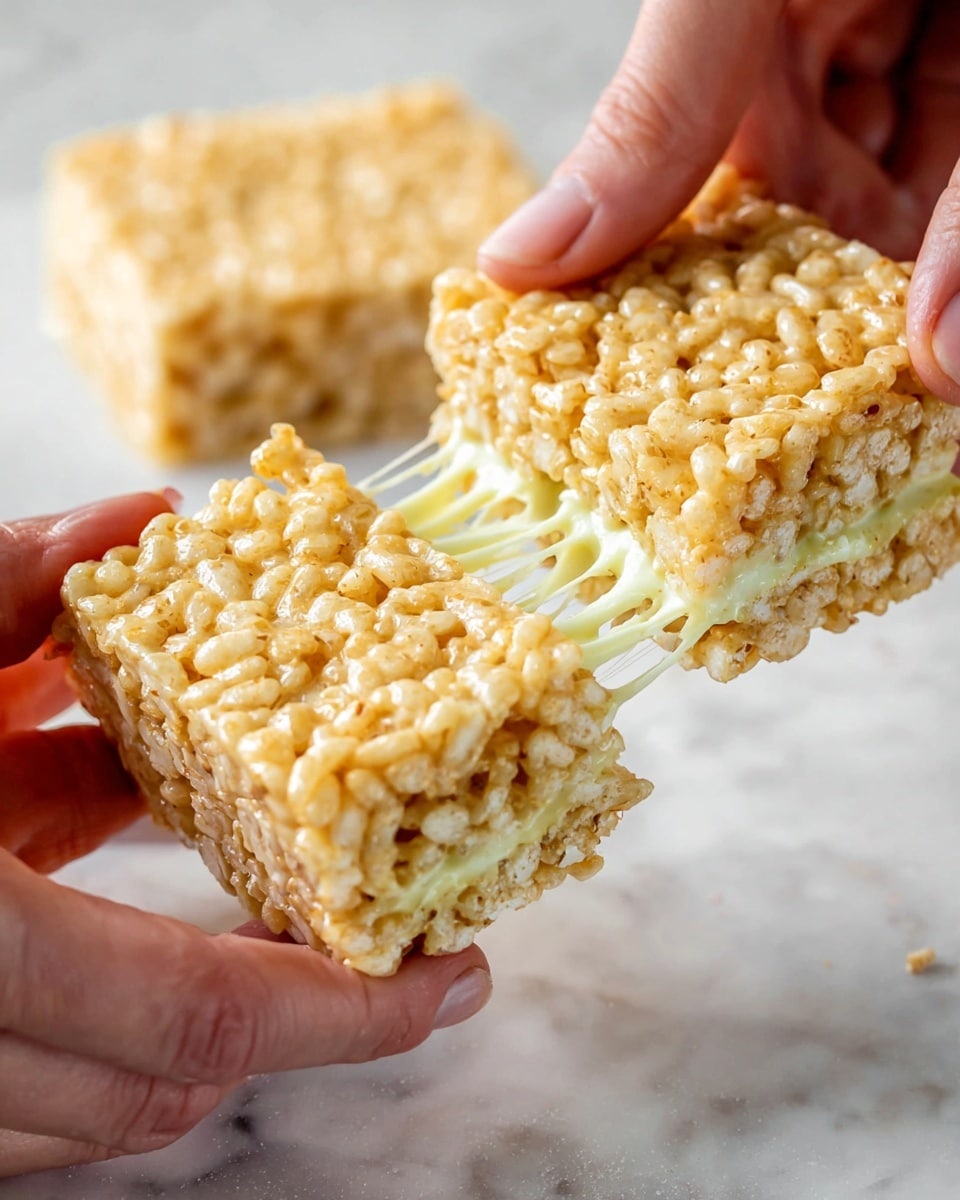A close-up image shows two woman's hands pulling apart a light golden brown Rice Krispies treat square with a stretchy white melted cheese layer inside. The treat has a textured, puffed rice exterior, and the cheese stretches in thin strands as the treat is pulled apart. The background is a white marbled surface with two more Rice Krispies treat squares blurred in the back. photo taken with an iphone --ar 4:5 --v 7