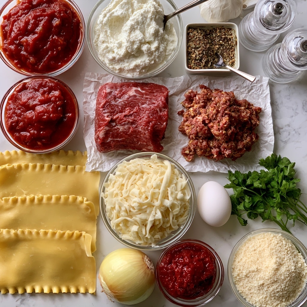The image shows raw ingredients laid out on a white marbled surface, all clearly labeled. In the center, there are two types of meat, fresh red beef on the left and spiced sausage mixture on the right, placed on crinkled paper. Above them, a glass bowl filled with smooth white ricotta cheese sits next to a small square container of mixed dried spices with a spoon inside. To the left, there's another glass bowl with thick red pasta sauce, and below it, four wide, yellow lasagna sheets with ruffled edges. Below the meat, a glass bowl is filled with shredded pale mozzarella cheese. To the right of the cheese, one white egg rests next to fresh green parsley leaves. Below, a yellow onion and a small glass bowl of deep red tomato paste sit side by side, and next to them is a glass bowl filled with finely grated pale parmesan cheese. At the top right, a garlic bulb and a pair of clear pepper and salt grinders complete the arrangement. Photo taken with an iphone --ar 4:5 --v 7