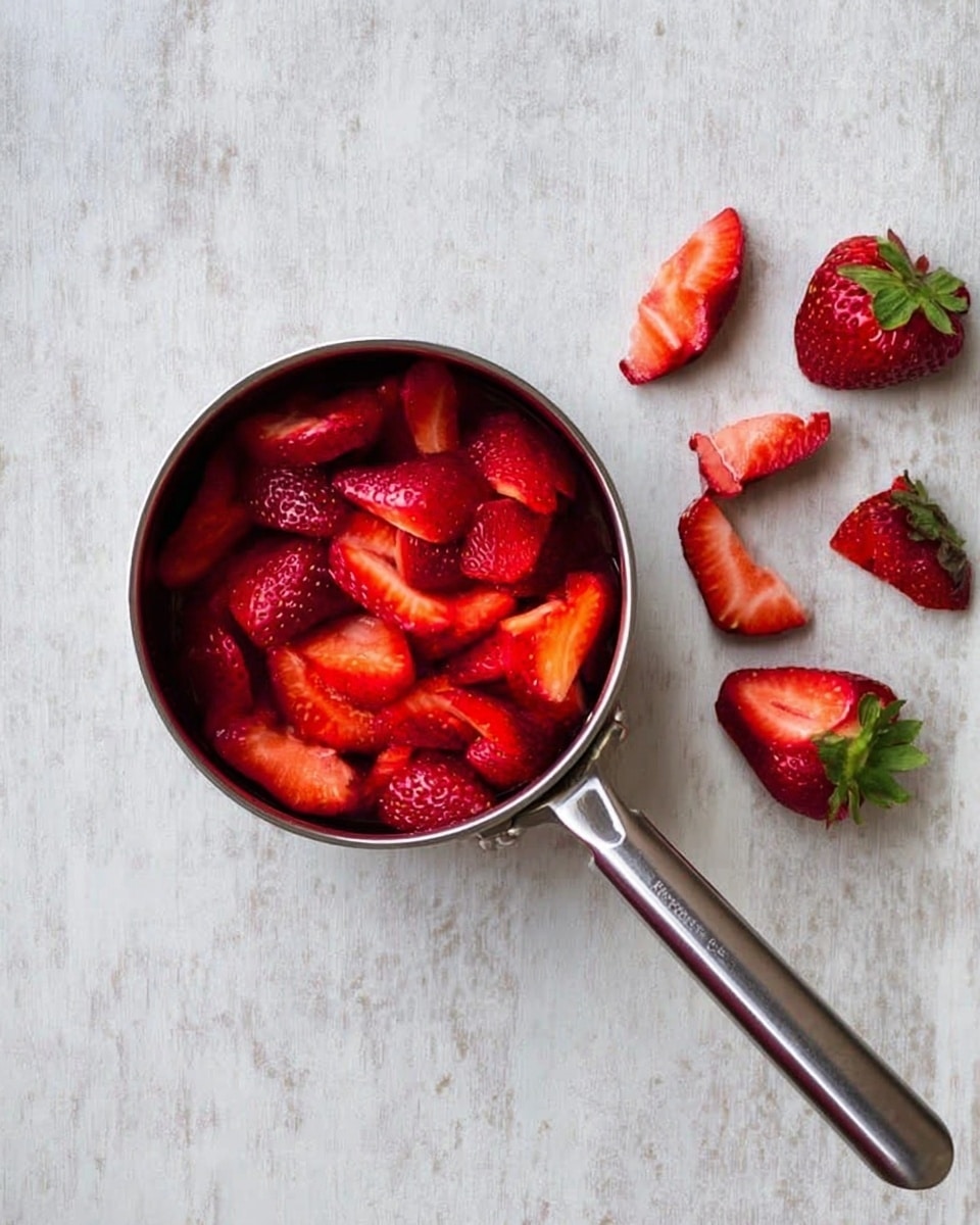 A small metal saucepan filled with bright red, sliced strawberries fills most of the frame, sitting on a white marbled textured surface. To the right of the pan, there are four strawberry tops with green leaves attached, each with a few sliced pieces lying near them. The red strawberries show a shiny and fresh texture, contrasting with the smooth, silver metal of the saucepan. The long handle of the saucepan points toward the bottom right corner. photo taken with an iphone --ar 4:5 --v 7