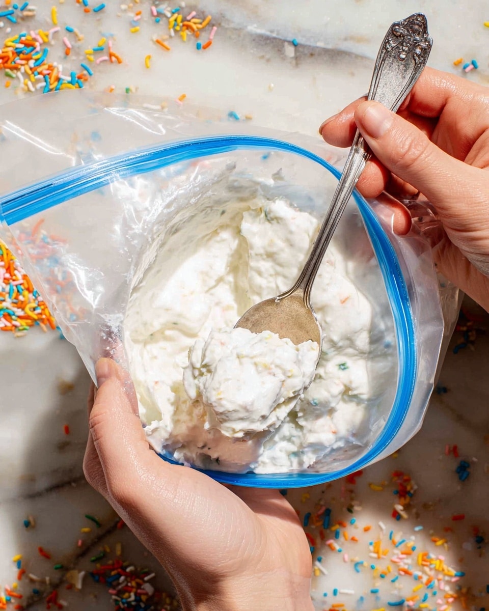 The image shows a close-up of two woman's hands holding a clear plastic zipper bag filled with a thick, white, creamy substance with small lumps. One woman's hand holds the bag open while the other woman's hand scoops out the cream using a silver spoon with a decorative handle. The background is a white marbled surface scattered with small colorful sprinkles in blue, orange, yellow, and white. The bag's blue zipper rim contrasts against the creamy white inside. Photo taken with an iphone --ar 4:5 --v 7