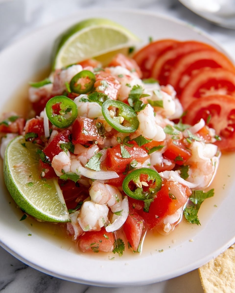 A white plate holds a shrimp ceviche with three main layers: a base of juicy red tomato chunks with green jalapeño slices scattered throughout, a middle layer of small white shrimp pieces mixed with thin white onion slices and chopped green cilantro, and a background layer of thin, round bright red tomato slices at the back edge. A half lime wedge with a light green inside sits at the front edge of the plate, slightly touching the ceviche, while liquid juices from the mixture pool around the layers. The plate rests on a white marbled surface, and a small part of a tortilla chip is visible at the bottom right corner. Photo taken with an iphone --ar 4:5 --v 7