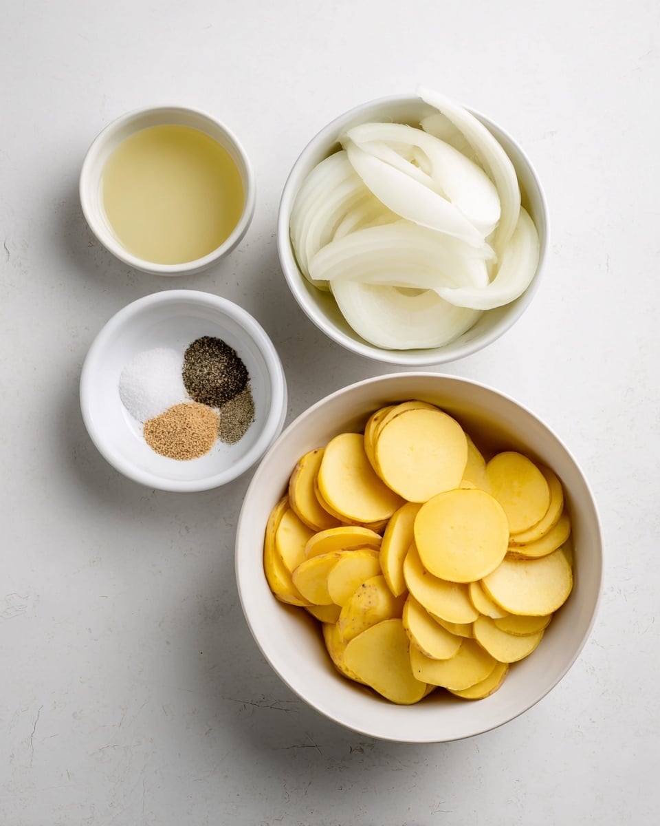 The image shows three white bowls arranged on a white marbled surface. The largest bowl at the bottom is filled with thin, round yellow slices of raw potatoes layered neatly. To the right, a medium white bowl contains thick slices of white onions with a smooth, slightly translucent texture. Above the onion bowl, a small white bowl holds three sections of spices: black pepper, garlic powder, and salt, each distinctly separate and creating a triangular pattern. On the left side, another medium white bowl is filled with a light, pale yellow liquid, likely oil or broth. Photo taken with an iphone --ar 4:5 --v 7