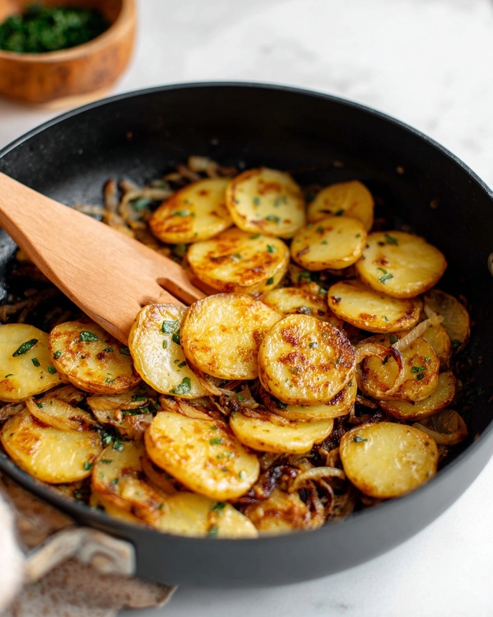A black pan filled with a layer of golden brown sliced potatoes cooked with finely sliced onions. The potatoes have uneven crisped edges and a slightly shiny texture, scattered with small bits of green herbs. A wooden spatula holding a few slices rests inside the pan. The pan is set on a white marbled surface, with a wooden bowl of green herbs blurred in the background. Photo taken with an iphone --ar 4:5 --v 7