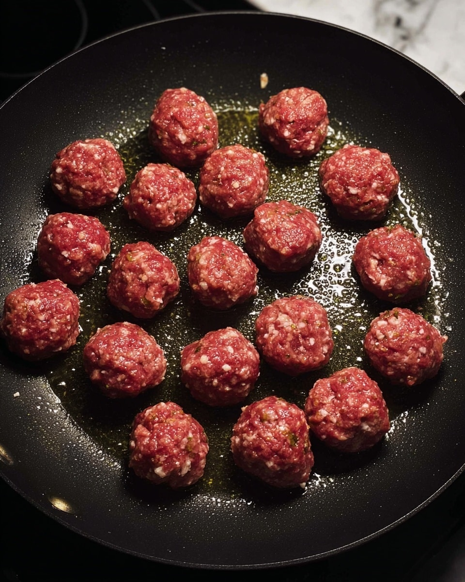 A black pan with about 24 small, round, raw meatballs evenly spaced inside. The meatballs have a reddish color with small white bits throughout, and there is a thin layer of shiny cooking oil covering parts of the pan's surface, giving a slight glistening effect. The pan sits on a dark stove area, but the background is changed to a white marbled texture. photo taken with an iphone --ar 4:5 --v 7
