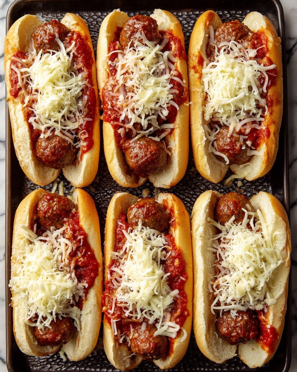 The image shows eight meatball sandwiches arranged in two rows on a dark textured tray set on a white marbled surface. Each sandwich has a soft, light beige bun holding three brown meatballs that are covered with bright red tomato sauce. Five of the sandwiches are topped with a thick layer of white shredded cheese, evenly spread over the meatballs and sauce. The buns have a fluffy texture with slight browning on the edges, and some shredded cheese has fallen onto the tray around the sandwiches. photo taken with an iphone --ar 4:5 --v 7