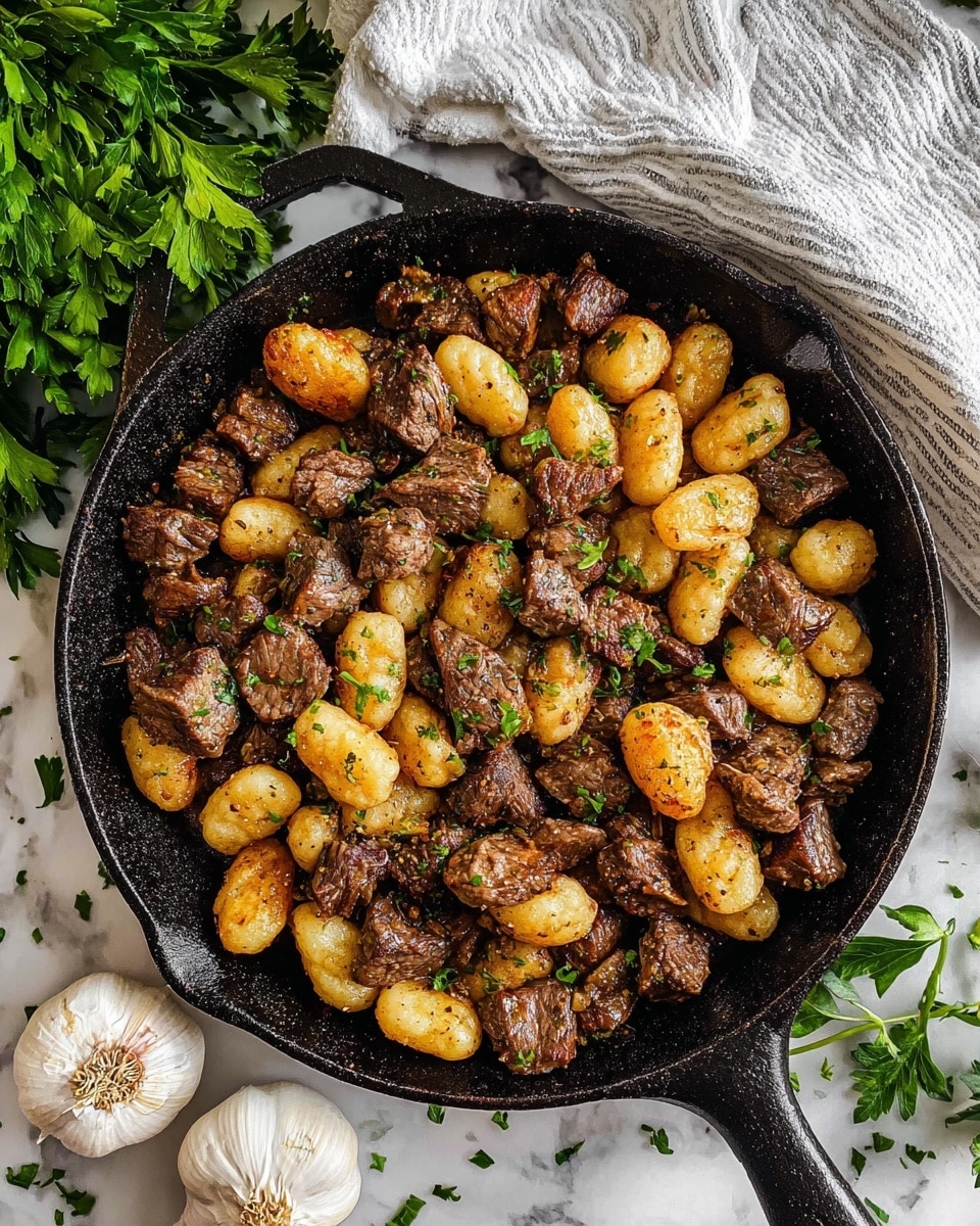 The image shows a black cast iron pan filled with a mix of browned, bite-sized beef cubes and golden, slightly crispy gnocchi. Both ingredients are seasoned with visible black pepper and tiny pieces of chopped green herbs scattered evenly on top. The pan rests on a white marbled surface, with fresh green parsley on the upper left side and three whole garlic bulbs near the bottom left. A white cloth with thin black stripes is softly draped in the upper right corner. The overall look is warm and rustic, highlighting the texture of the cooked meat and potatoes photo taken with an iphone --ar 4:5 --v 7