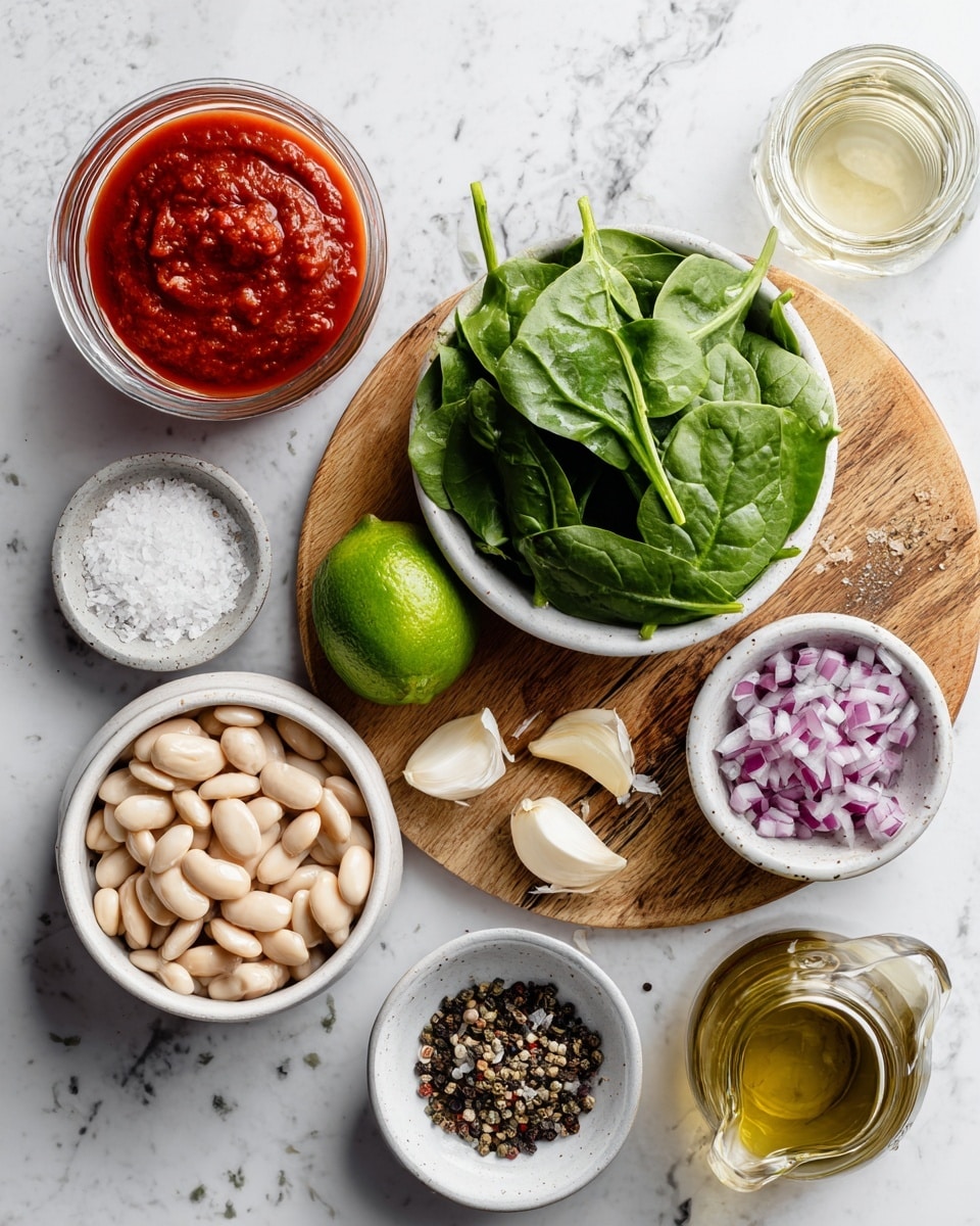 The image shows various fresh ingredients arranged on a white marbled surface and a round wooden board. Starting from the top left, there is a clear glass cup filled with thick red tomato sauce, next to a small glass jar with pale yellow dry white wine. Below the wine jar, a white bowl contains bright green spinach leaves with visible veins and stems. A bright green lime rests on the wooden board near the spinach bowl. To the right, a small clear bowl is filled with finely chopped red onion, showing shades of purple and white. Below the onion, there are three cloves of white garlic sitting in a small silver dish. Near the garlic, another small bowl holds coarse white sea salt crystals. On the bottom left, a white bowl is filled with smooth pale cannellini beans. Next to the beans is a tiny glass dish containing coarse black pepper and Italian seasoning, showing mixed grains of black, yellow, and green. At the bottom right, a speckled white bowl holds a light golden liquid labeled as liquid smoke. A small round clear bottle with extra virgin olive oil rests near the tomato sauce at the lower left. The whole setup is bright and clean with simple natural colors. photo taken with an iphone --ar 4:5 --v 7