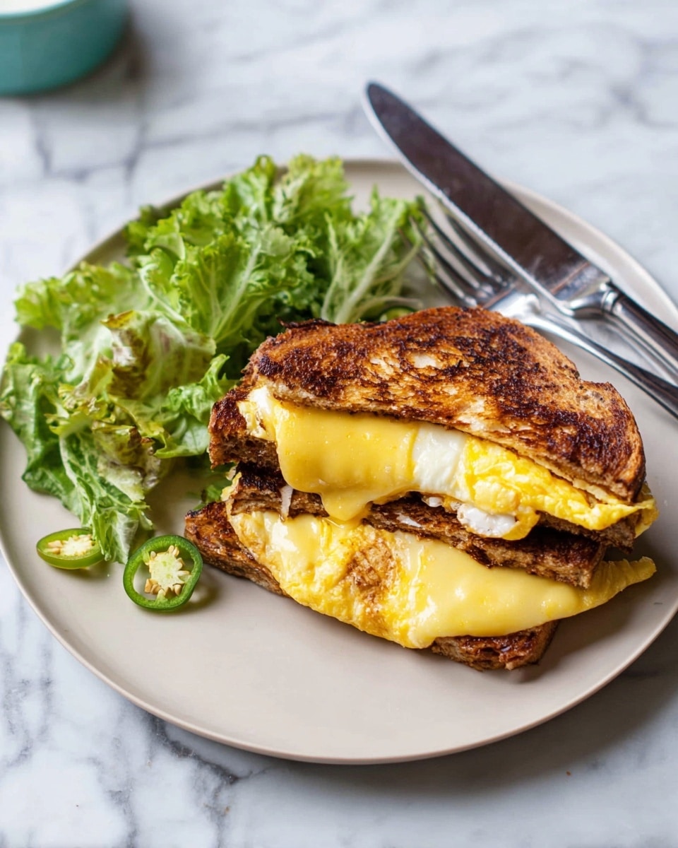 The image shows a sandwich on a white plate with leafy green lettuce and sliced green jalapeños on the side. The sandwich has three layers: a base of toasted brown bread, a melted light yellow cheese layer with smooth texture, and a top layer of slightly browned folded yellow cheese or egg with a crispy surface. The sandwich is placed on a white marbled surface with a fork and knife beside the plate. Photo taken with an iphone --ar 4:5 --v 7