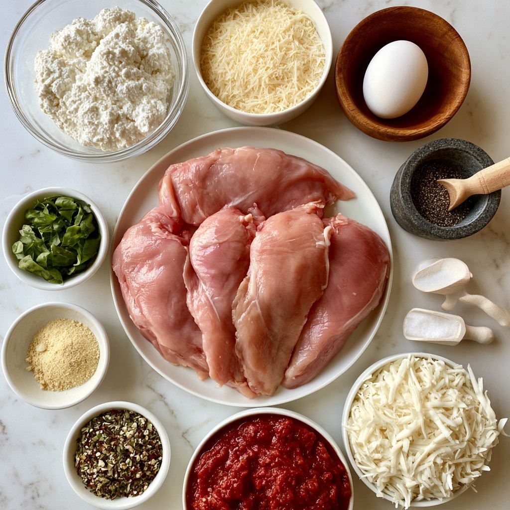 The image shows several ingredients on a white marbled surface arranged around a white plate holding four raw chicken breasts with a pink and smooth texture. Above the plate to the left, there is a clear glass bowl filled with white whole milk ricotta cheese with a soft, grainy texture. To the right of the ricotta, a white bowl holds pale yellow grated Parmesan cheese, fine and stringy. Near the top right, a brown wooden bowl contains a white egg with a smooth surface. Below the egg, a small dark gray stone bowl with a wooden spoon rests, filled with black pepper. Alongside the chicken plate, to the left side, small white bowls hold light green fresh chopped basil, light yellow garlic powder, and mixed Italian seasoning with green, brown and white herbs. At the bottom, a white bowl is filled with deep red chunky marinara sauce, and next to it, a white bowl contains shredded mozzarella cheese, white and stringy. Small white wooden scoops hold salt and pepper nearby. photo taken with an iphone --ar 4:5 --v 7