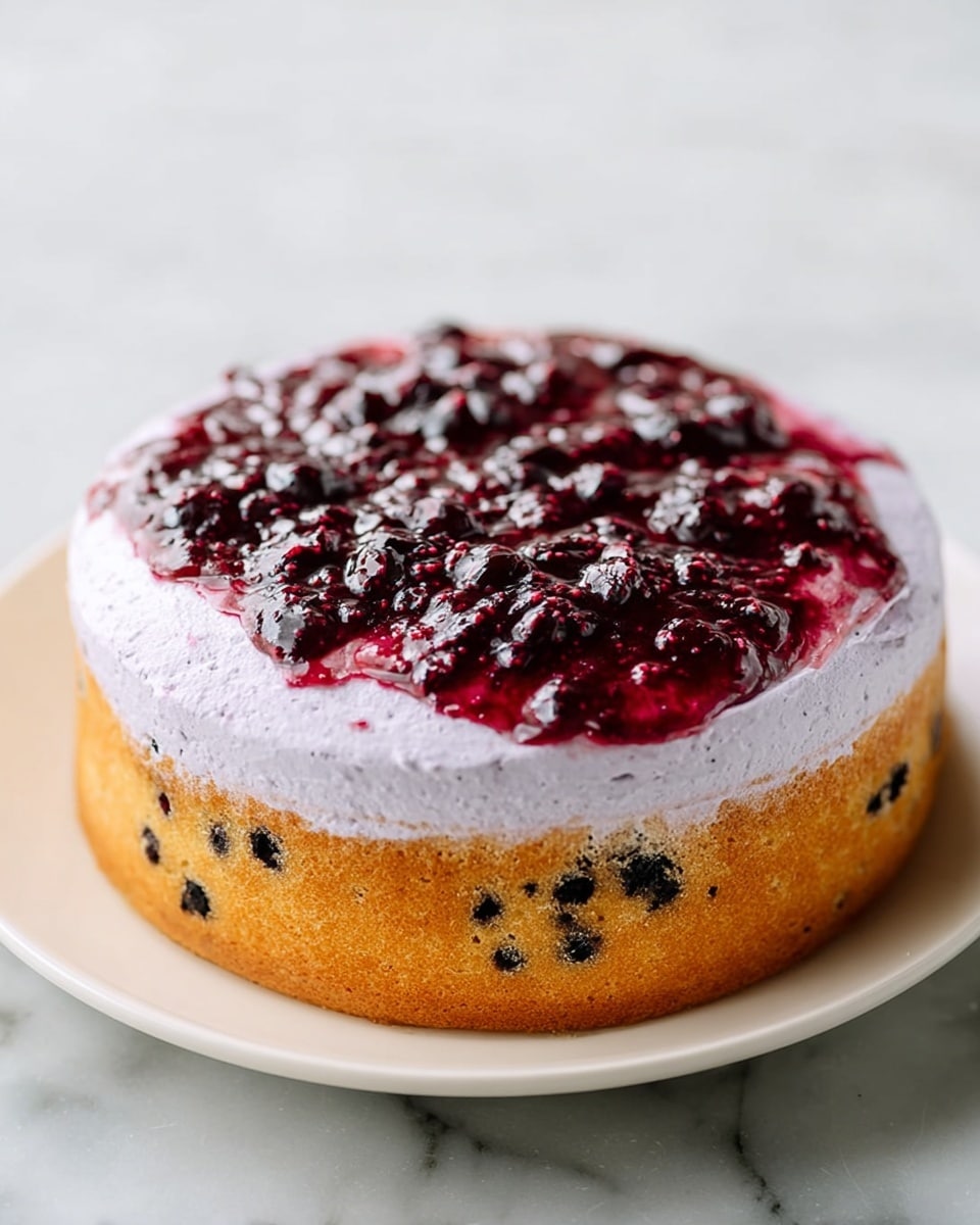 A round cake sits on a white plate on a white marbled surface. The cake has a golden-brown base studded with dark spots. On top of the base is a thick, smooth layer of light purple frosting that covers the whole surface. The frosting is topped with a glossy, dark red berry sauce spread unevenly, with small dark seeds scattered across it. The overall look is simple but colorful and inviting. photo taken with an iphone --ar 4:5 --v 7