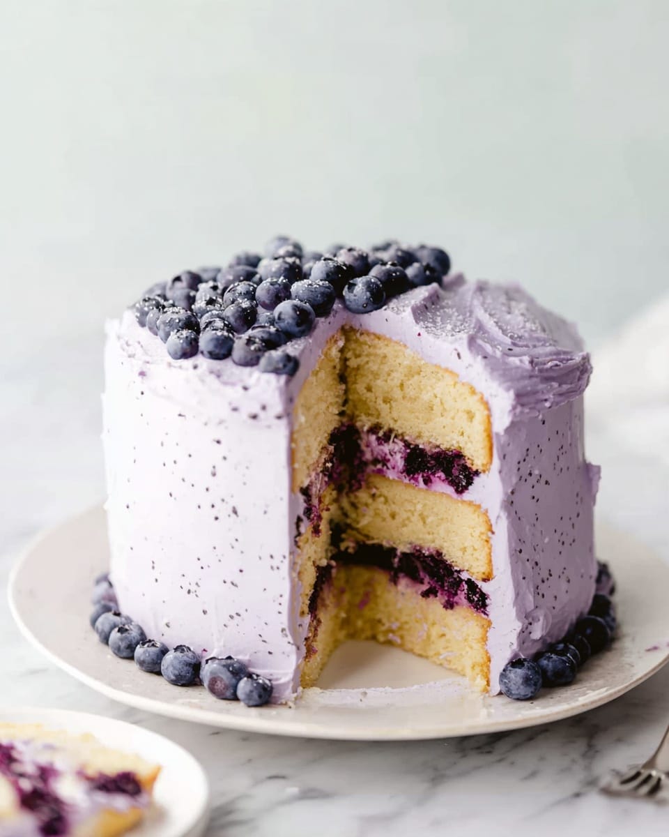 A tall cake is shown with three yellow sponge layers, each separated by a thin layer of dark purple berry filling mixed with light purple cream. The outside of the cake is covered in smooth, light purple frosting with small specks, and the top and base are decorated with fresh blueberries. The cake sits on a white plate placed on a white marbled surface, and a slice has been cut out, revealing the inside layers. Photo taken with an iphone --ar 4:5 --v 7