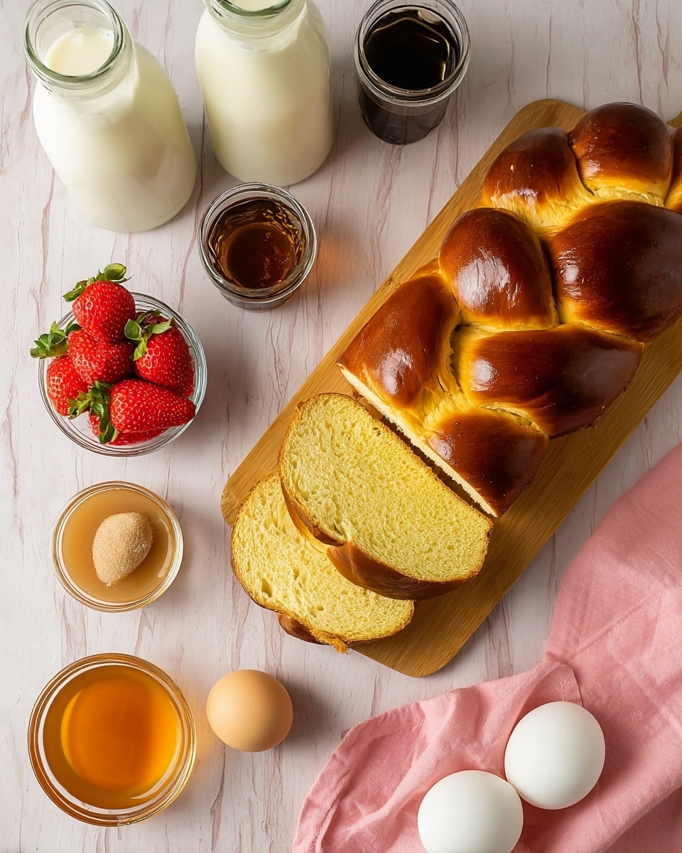 A wooden board on the right holds a round braided bread with a shiny golden brown crust, partially sliced to show the soft, pale yellow inside. To the left of the board, on a white marbled surface, there are several items arranged: a glass bottle filled with white milk, a smaller glass bottle with dark syrup, a small glass bowl filled with bright red strawberries with green tops, a glass bowl holding a creamy caramel-colored liquid, a tiny dish containing a small amount of honey, and a white bowl with two round beige colored balls of brown sugar. Near the bottom right corner, four white eggs rest on a soft pink cloth. The whole scene is bright and softly lit. photo taken with an iphone --ar 4:5 --v 7