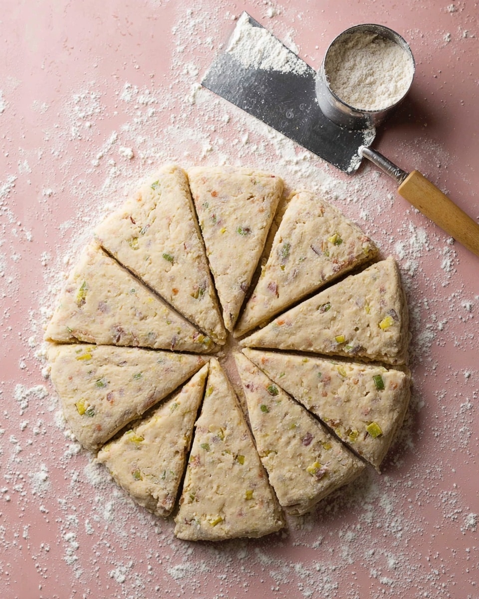 A round dough disc with visible pieces of fruit and zest mixed throughout is evenly divided into eight triangle slices. The dough looks soft and light tan with specks of green and orange. It rests on a pink surface dusted with white flour, beside a large metal dough scraper with a black handle, and a metal measuring cup filled with flour with a wooden handle. The texture of the dough appears slightly crumbly but thick, and the flour is scattered lightly around the dough. photo taken with an iphone --ar 4:5 --v 7
