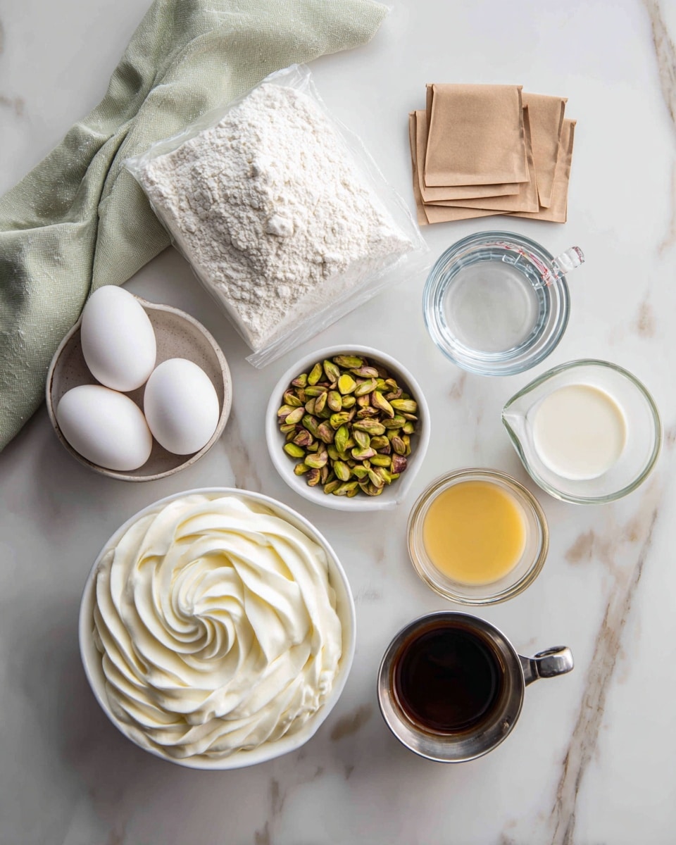A flat lay of baking ingredients arranged on a white marbled surface including a sealed clear plastic bag of white flour, three white eggs, two folded brown paper packets, a glass cup of water, a glass measuring cup of milk, a small white bowl filled with chopped green pistachios, a small white bowl with a pale yellow liquid, a small metal bowl with dark brown vanilla extract, and a larger white bowl holding whipped cream with swirls on top. A folded light green cloth is partially visible at the top left corner of the image photo taken with an iphone --ar 4:5 --v 7