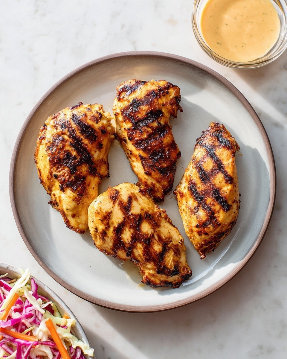 The image shows four grilled chicken pieces placed on a round white plate with a gray rim. The chicken pieces have dark brown grill marks and a golden-brown color, showing a textured and slightly charred surface. To the top right of the plate is a small clear bowl filled with a creamy light orange sauce. In the bottom left corner, part of a white plate with colorful shredded vegetables like purple cabbage, white cabbage, and orange carrot is visible. The whole scene is set on a white marbled surface with soft lighting and shadows. photo taken with an iphone --ar 4:5 --v 7