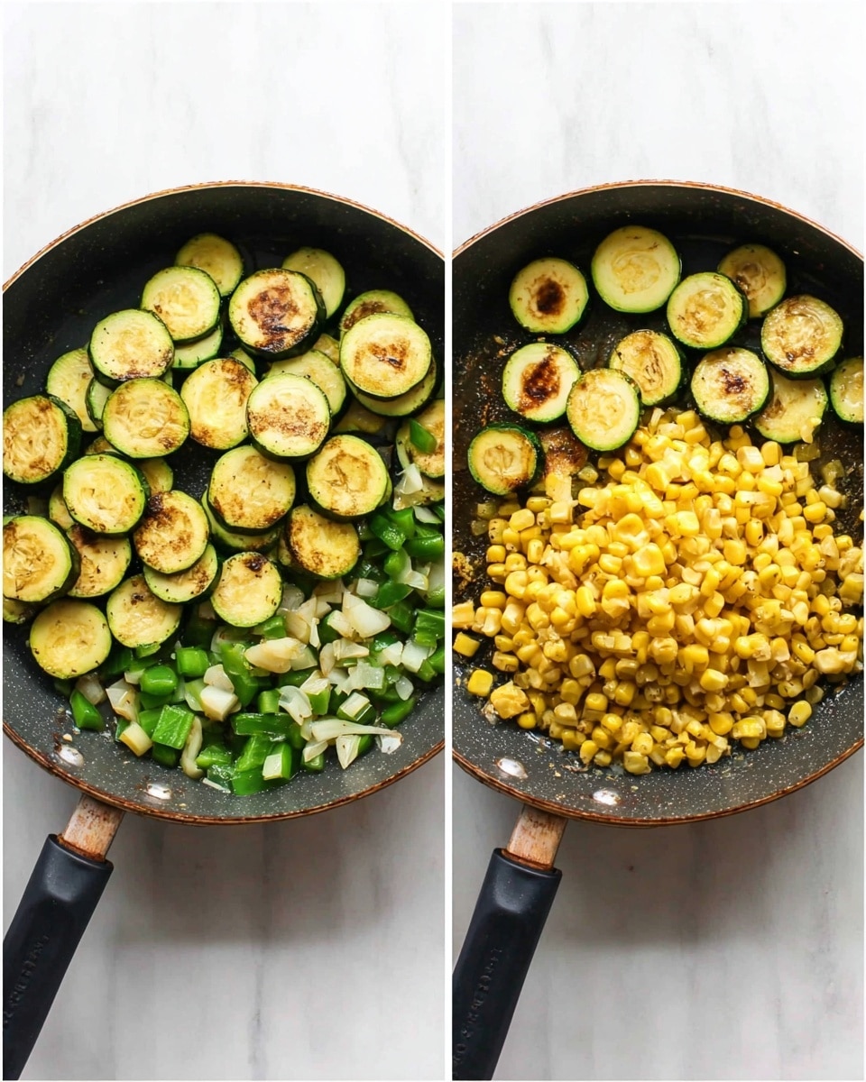The image shows a collection of ingredients arranged on a white marbled surface. At the top center is a round bowl filled with thick, bright green zucchini slices with pale centers. Below and to the right is a round bowl holding a mix of halved cherry tomatoes in red, orange, and yellow shades, showcasing their juicy interiors. To the left is a smaller white bowl filled with golden yellow grilled corn kernels, some with slight brown char marks. Near the bottom left corner is a small bowl of crumbly white feta cheese. There is also a small white bowl containing peeled garlic cloves, a small white bowl with fresh green cilantro leaves, two halves of a bright green lime, and one whole dark green jalapeno pepper positioned near the bottom right. Photo taken with an iphone --ar 4:5 --v 7