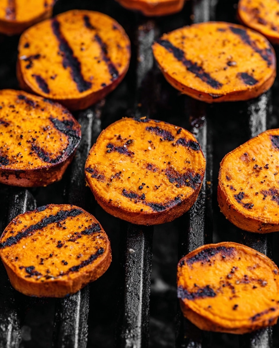 Several round slices of grilled sweet potatoes with bright orange centers and charred dark brown edges are placed directly on black grill grates. The slices vary slightly in size, and some have more prominent dark grill marks while others show a more even orange surface with specks of black seasoning. The background is out of focus, emphasizing the texture of the grilled sweet potatoes. photo taken with an iphone --ar 4:5 --v 7