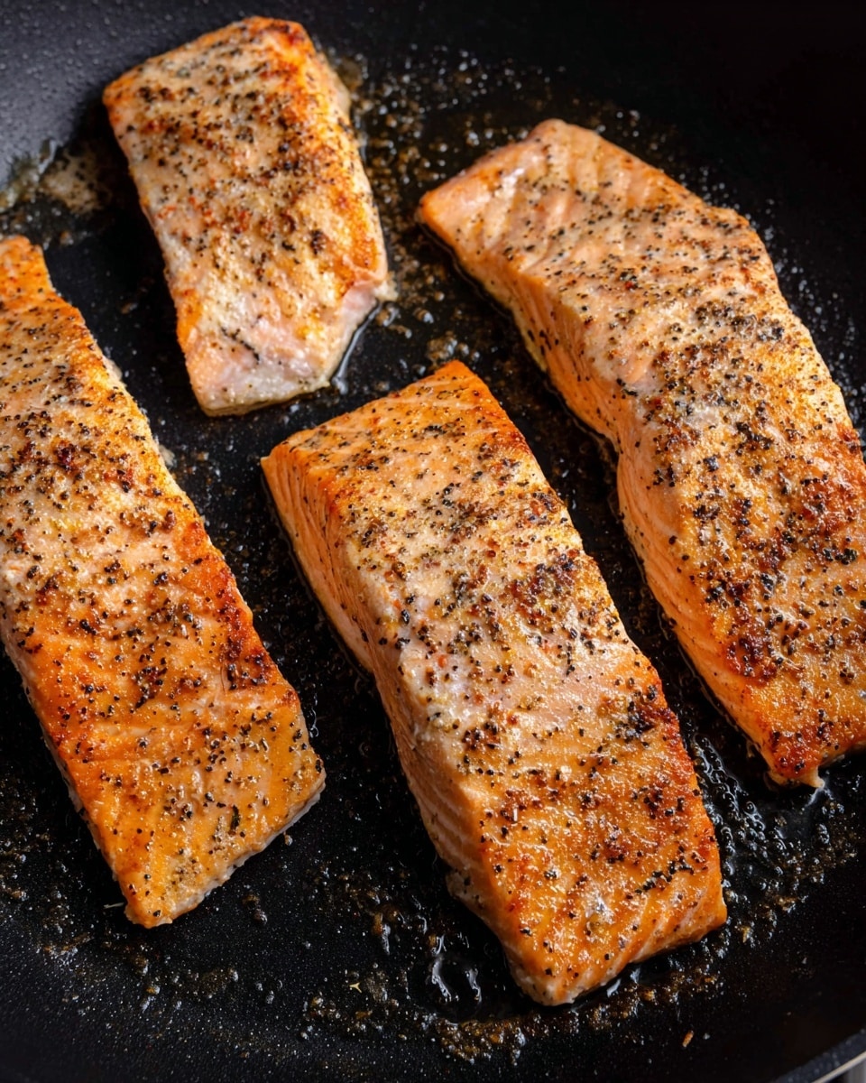 Four fillets of cooked salmon lie flat in a black pan. Each fillet has a golden brown surface speckled with black pepper, displaying a slightly crisp texture. The skin side edges show a lighter pinkish-white color, revealing the tender fish underneath. Small droplets of oil glisten around the fillets on the pan’s textured surface. Photo taken with an iphone --ar 4:5 --v 7