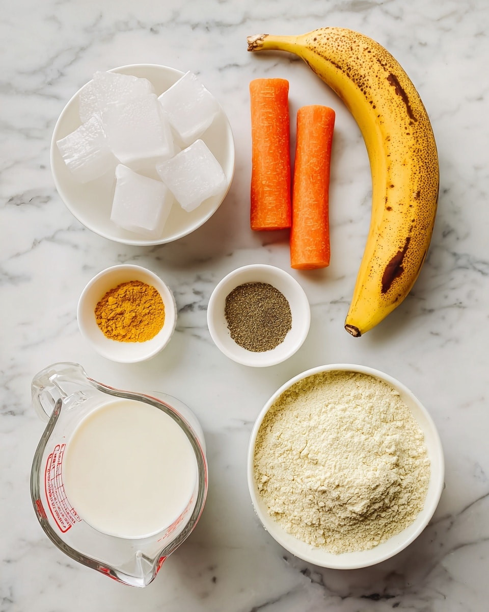 A collection of ingredients is laid out on a white marbled surface, including a white bowl filled with clear, rectangular ice cubes near the top left, a curved yellow banana with brown spots placed diagonally near the top right, a small white dish containing a dark greenish-brown ground spice below the banana, and two peeled orange baby carrots below the spice dish. Near the bottom left is a clear glass measuring cup filled with white liquid, a small white bowl of bright yellow powdered spice next to it, and a larger white bowl filled with a pale yellow flour-like powder to the right of the spice powder. photo taken with an iphone --ar 4:5 --v 7