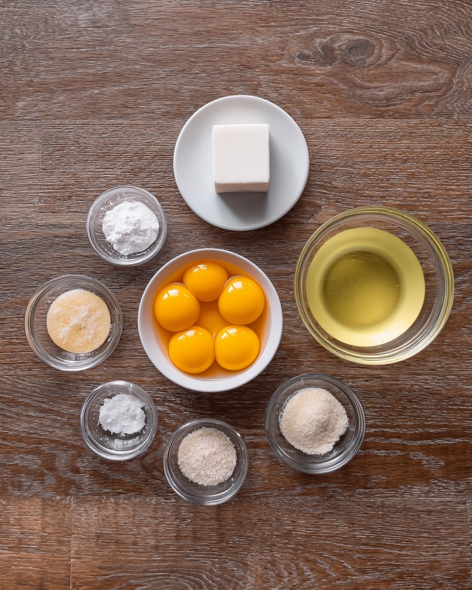 A top view of seven small clear glass and white dishes arranged on a wooden surface. There is a small white bowl filled with seven bright yellow egg yolks positioned near the center. To the right of this bowl is a clear glass bowl filled with a light yellow liquid. Above the egg yolks is a small white plate holding a solid white square block. Around these main dishes are four tiny clear glass bowls, each containing different small amounts of white or beige powders or granules. The whole setup is neat with the colors showing clear contrast against the wood grain photo taken with an iphone --ar 4:5 --v 7
