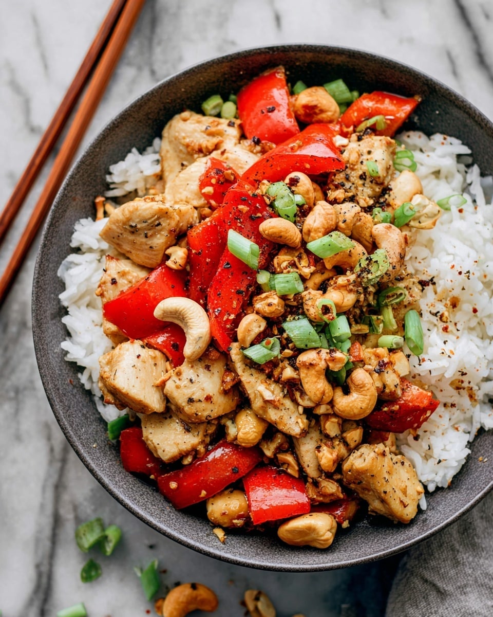 On a black plate, there is a meal with two main parts: one side has light brown cooked rice with some green chopped onions on top, and the other side is covered with pieces of cooked chicken mixed with bright red bell pepper chunks and scattered golden peanuts, garnished with more green onions. The plate sits on a gray surface with scattered green onions and peanuts around it, and a pair of wooden chopsticks is placed next to the plate. photo taken with an iphone --ar 4:5 --v 7