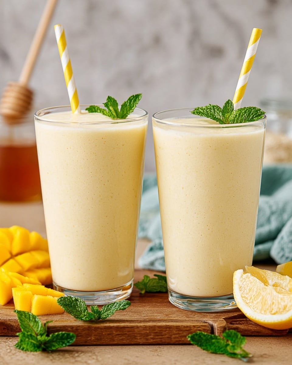 Two tall clear glasses filled with a creamy pale yellow smoothie, each topped with a small green mint leaf and a yellow and white striped straw. The glasses are placed side by side on a wooden board, with a few green mint leaves scattered around. In front, there are bright yellow mango pieces and half a cut lemon. The background features a soft, light gray cloth and a blurred jar with a honey dipper on a white marbled surface. Photo taken with an iphone --ar 4:5 --v 7