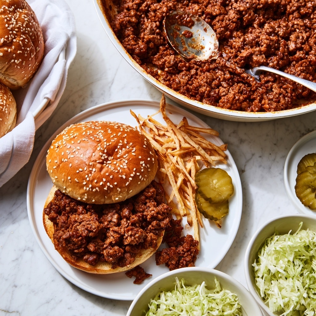 A sesame seed sandwich bun is open on a white plate with a layer of brown cooked ground beef piled on the bottom half, showing a juicy, crumbly texture; the top bun is golden brown with sesame seeds. Next to the sandwich on the plate, there are thin, golden fries and a few slices of green pickles. Above, a white pan filled with more cooked ground beef is visible, with a silver spoon inside. To the left, a white bowl lined with a white cloth holds more sesame seed sandwich buns. At the bottom right, there is a white bowl with shredded light green lettuce, and nearby a small white dish with more green pickle slices. The whole scene sits on a white marbled surface. Photo taken with an iphone --ar 4:5 --v 7