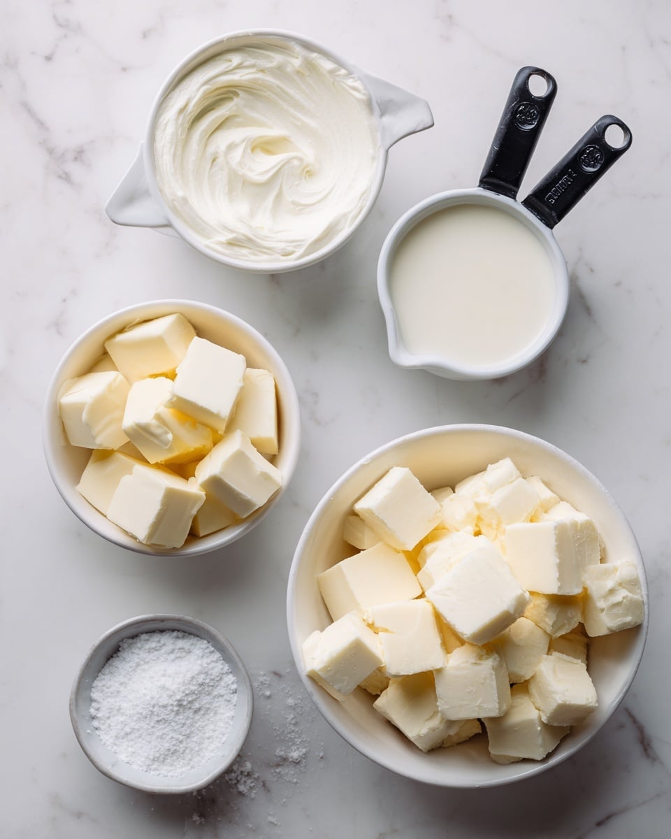The image shows five white containers on a white marbled surface. On the right, a white bowl is filled with light orange and white cubed pieces that look like fruit or vegetable. To the left, there is a smaller white bowl with pale yellow cubes, likely butter. Above these bowls, two black-handled measuring cups sit side by side; the one on the left holds thick white cream, and the one on the right contains a smooth white liquid. In the bottom left corner, a small white bowl holds a powdery white substance, probably salt. Photo taken with an iphone --ar 4:5 --v 7