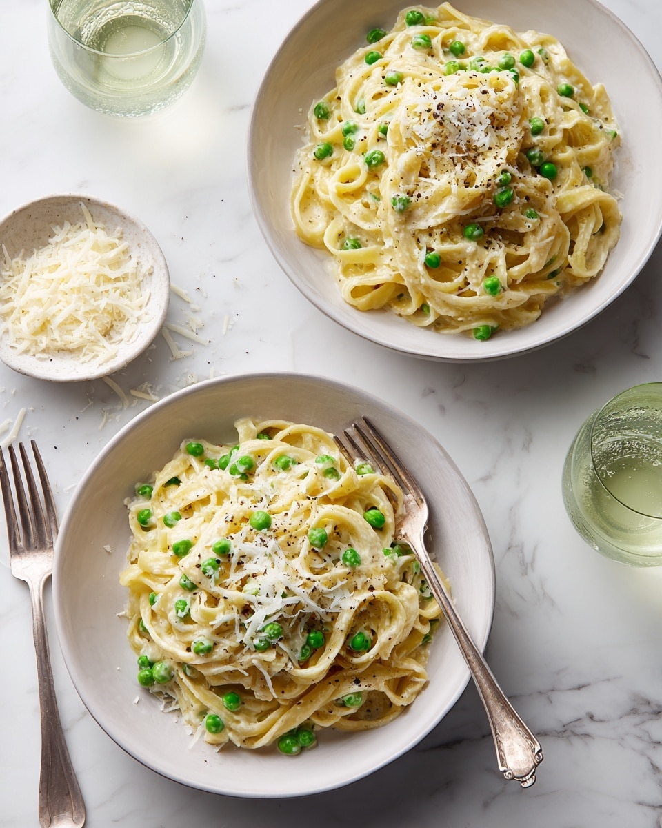 Two white bowls sit on a white marbled surface, each filled with creamy fettuccine pasta layered with green peas mixed throughout. The pasta is light yellow and smooth, coated with a white creamy sauce. On top of the pasta, a light sprinkling of finely shredded white cheese and small black pepper flakes add texture and color contrast. Near the bowls are two silver forks and two glasses of light green sparkling drinks. To the left side, there is a small white bowl filled with shredded white cheese. Photo taken with an iphone --ar 4:5 --v 7