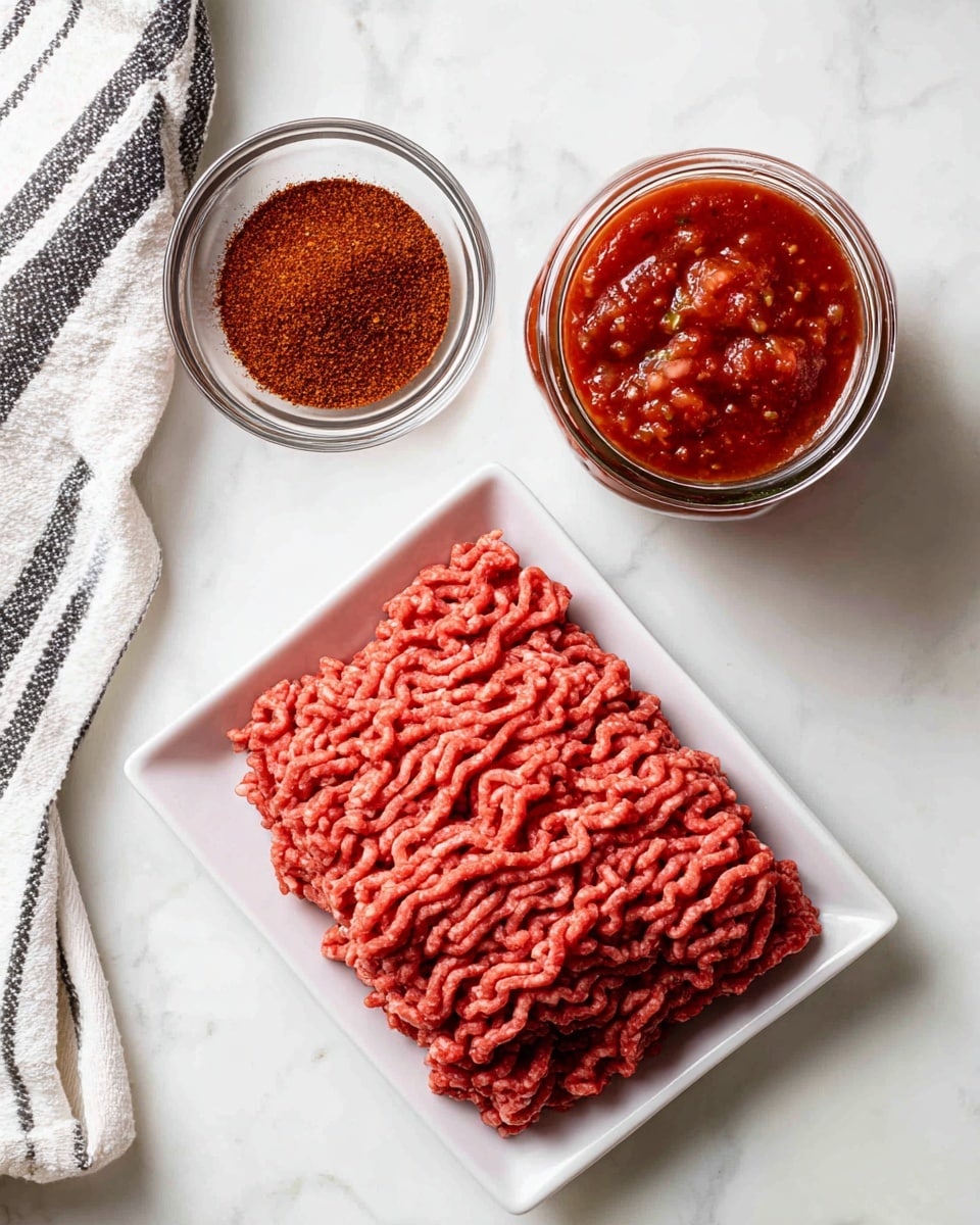 The image shows three main items placed on a white marbled surface: a rectangular white plate at the bottom left filled with raw ground beef in a textured pink-red color, a small clear glass bowl at the top center filled with a fine reddish-brown powder labeled taco seasoning, and a clear glass jar at the right with thick red salsa containing small visible chunks. A white towel with black stripes is partially visible on the top left side. The setup features simple, clean presentations of raw ingredients, all arranged in a neat flat lay format. Photo taken with an iphone --ar 4:5 --v 7