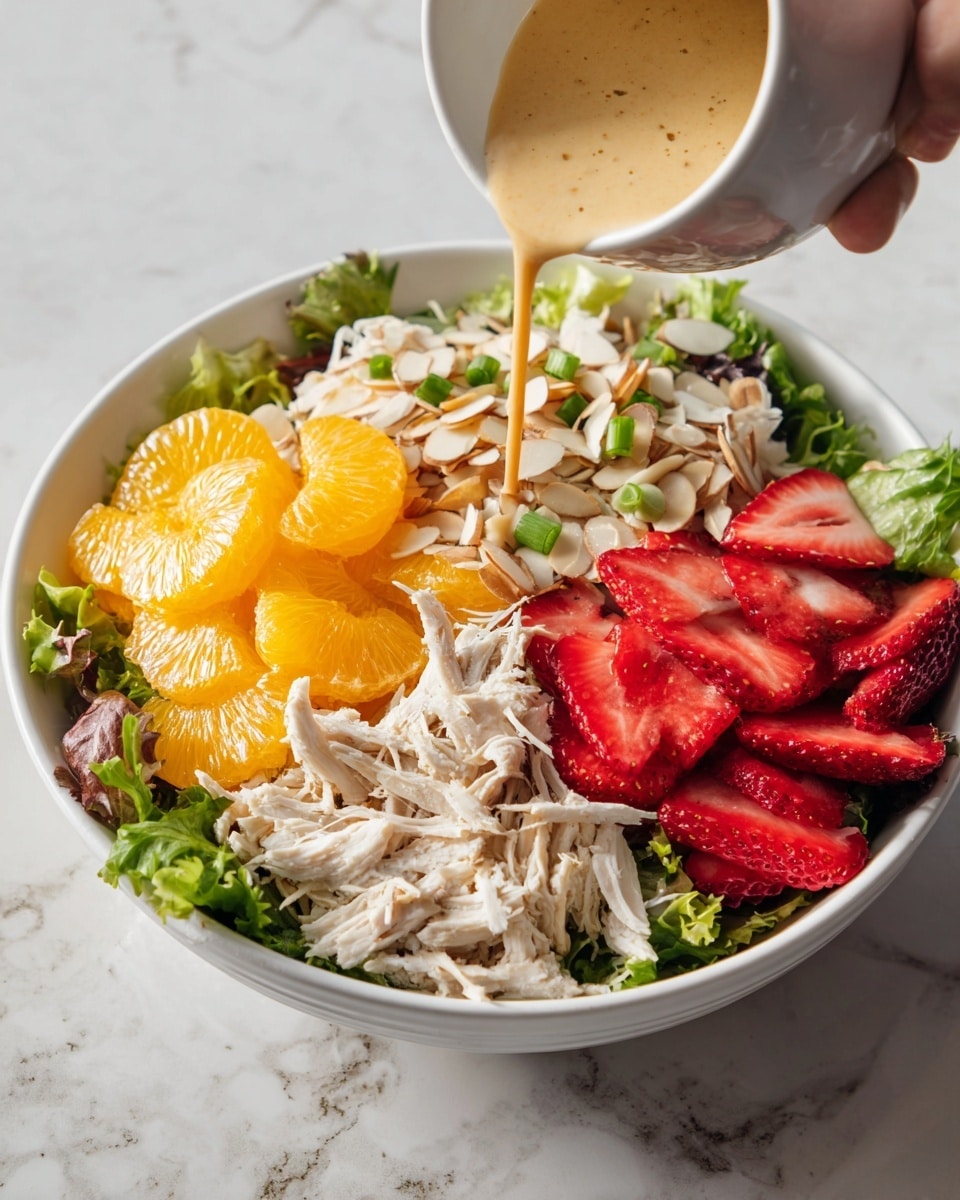A white bowl filled with a fresh salad is shown on a white marbled surface. The salad has four main layers: the bottom layer is a mix of green leafy lettuce, the second layer has shredded white chicken pieces spread around the edges, the third layer features bright orange mandarin segments and red sliced strawberries placed side by side in the center, and the top layer is sprinkled with sliced almonds and some small green onion rings. A woman's hand is pouring creamy tan-colored dressing over the mandarin segments. Photo taken with an iphone --ar 4:5 --v 7