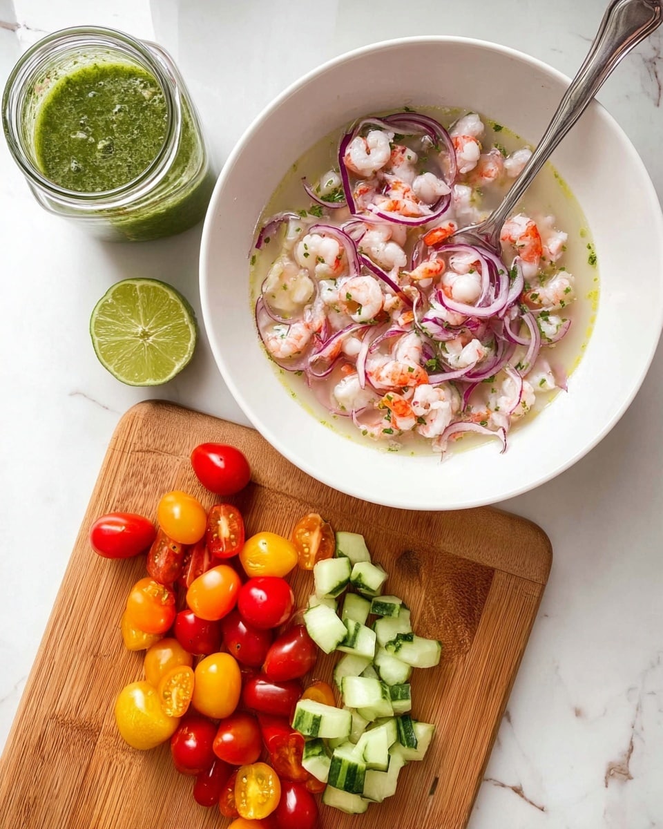 A white bowl filled with a ceviche-like dish showing small pieces of shrimp and thin slices of purple onion floating in a light, clear liquid. Below the bowl, a wooden cutting board holds bright red and yellow cherry tomatoes, some whole and some cut in half, alongside chunks of green cucumber with both skin and inside visible. To the left of the bowl is a glass jar with a green sauce inside, to the right a squeezed lime half and a metal spoon resting inside the bowl, all placed on a white marbled surface. photo taken with an iphone --ar 4:5 --v 7