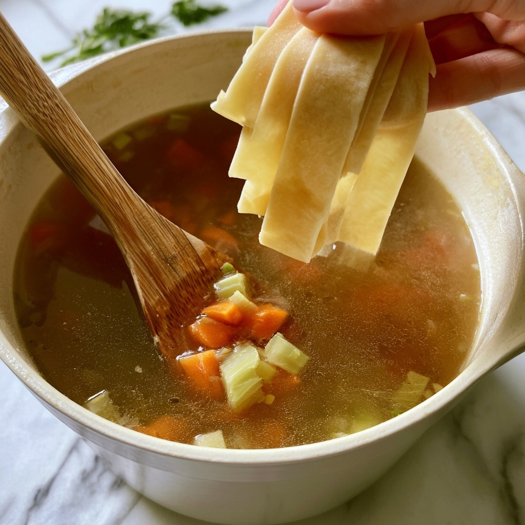 A close-up image of a white pot filled with clear brown broth and some small chopped vegetables floating inside, such as orange carrot slices and light green celery pieces. A wooden spoon rests inside the pot, holding some of the carrot and celery pieces. A woman's hand is holding several thick, flat, pale-yellow noodle strips just above the pot, ready to add them into the broth. The pot is placed on a white marbled surface, with a few green leafy herbs blurred in the background. Photo taken with an iphone --ar 4:5 --v 7