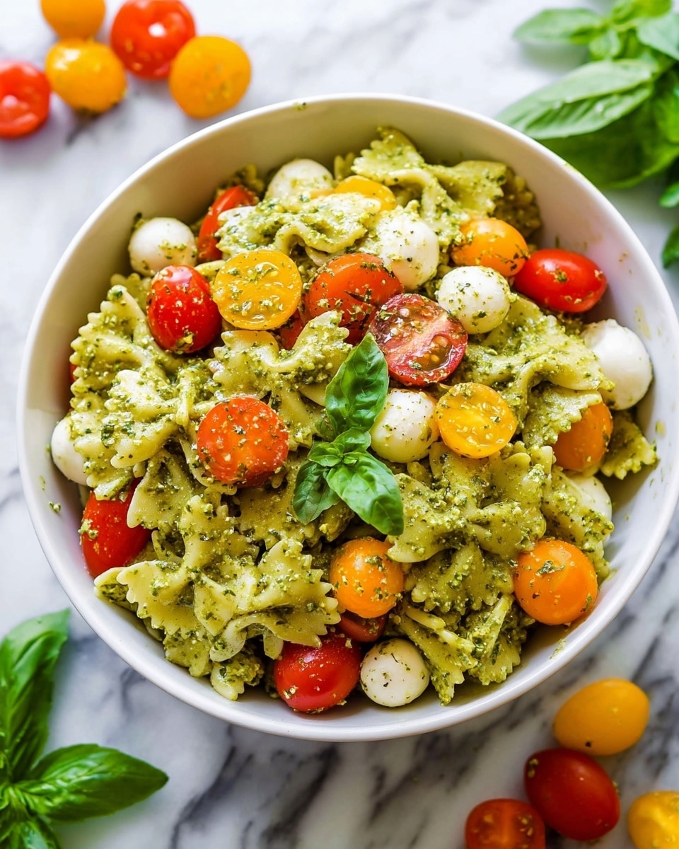 A white bowl filled with a colorful pasta salad layered with bowtie pasta coated in green pesto sauce, mixed with small round white cheese balls, orange, red, and yellow grape tomatoes scattered throughout, and fresh green basil leaves on top and around the bowl. The bowl sits on a white marbled surface with some whole grape tomatoes and basil leaves nearby. Photo taken with an iphone --ar 4:5 --v 7